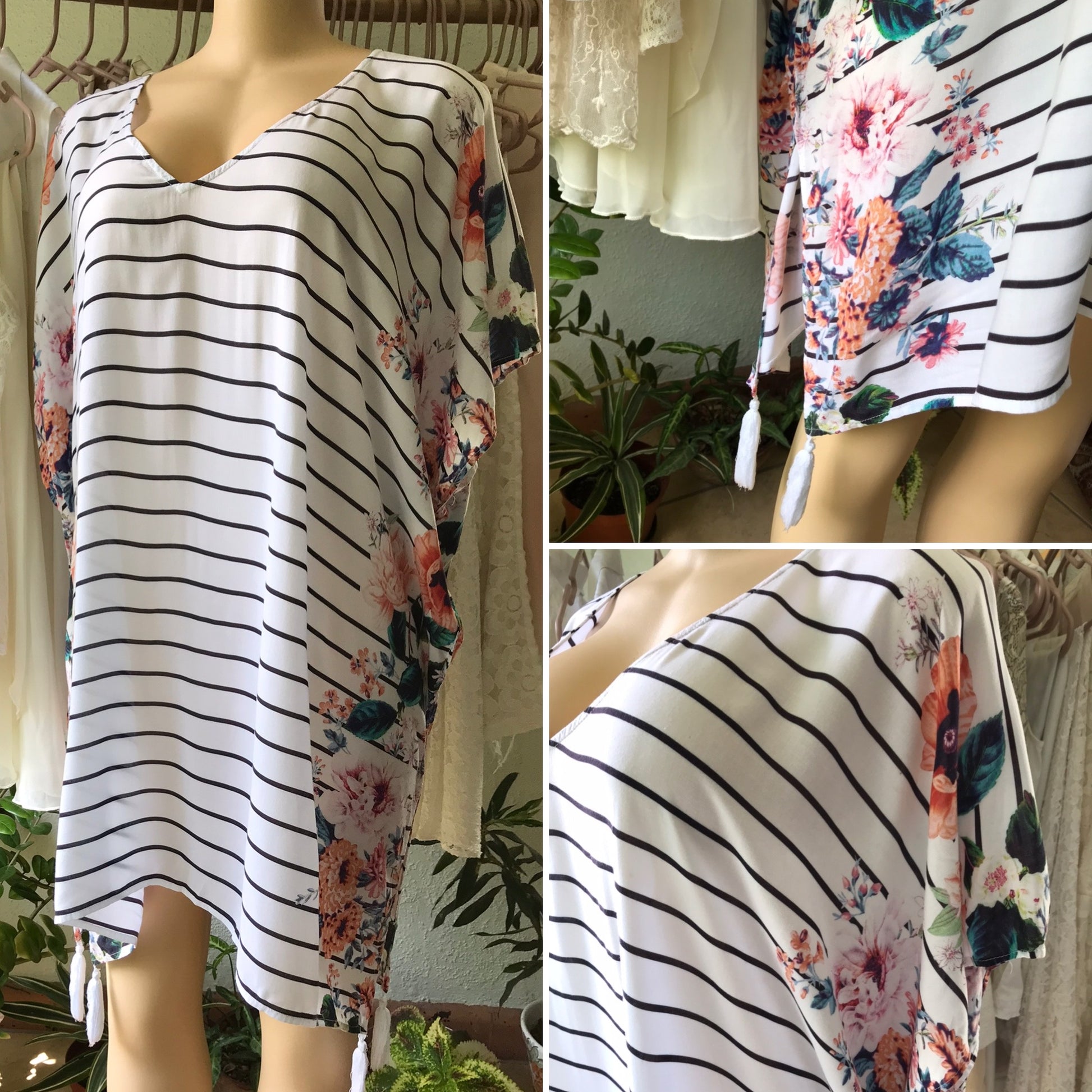 White Tassel Dress / Coverup Stripe Floral
