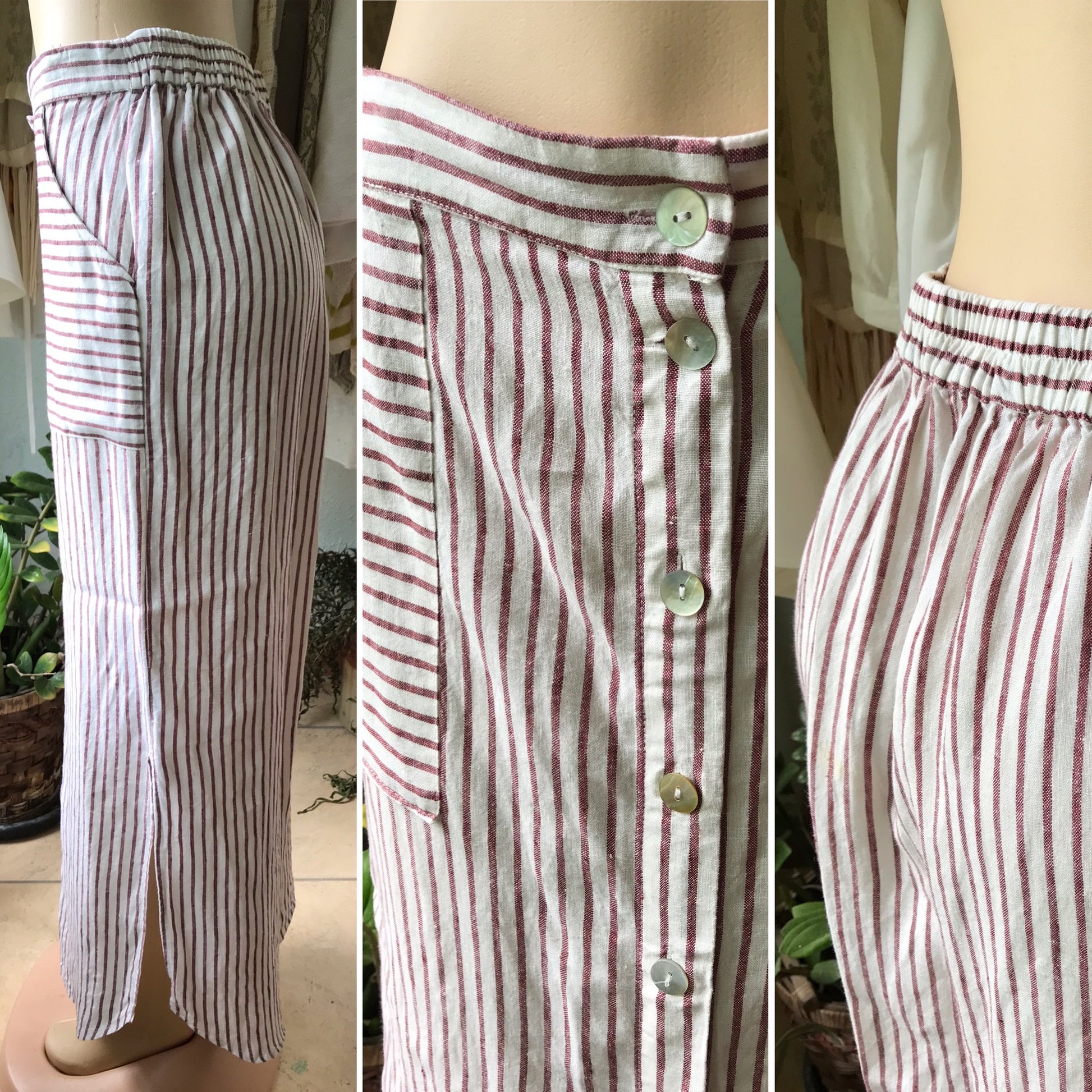 100% Linen Stripe Maxi Skirt Abalone Buttons