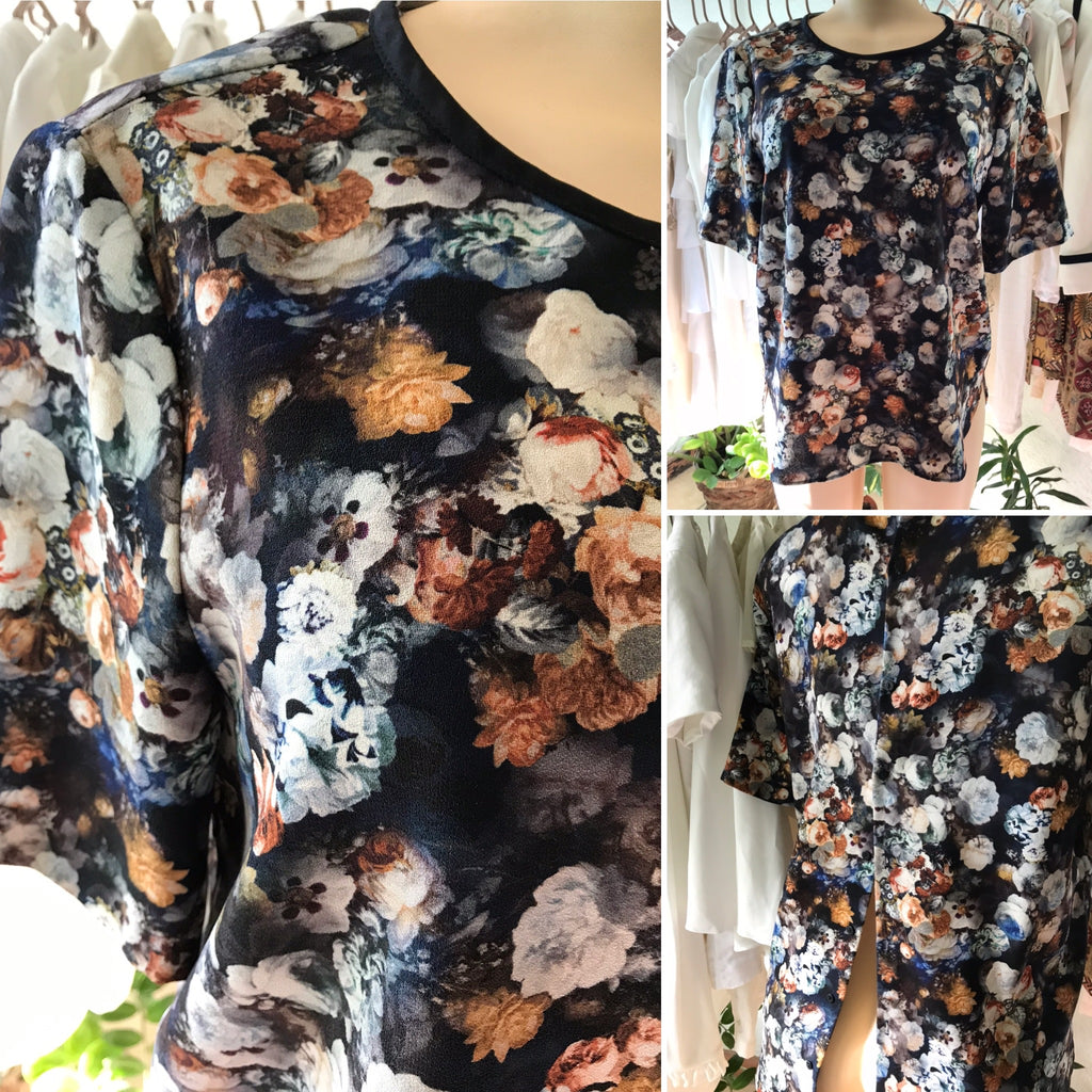 90s Zara Fine Art Floral Blouse Button Down Back