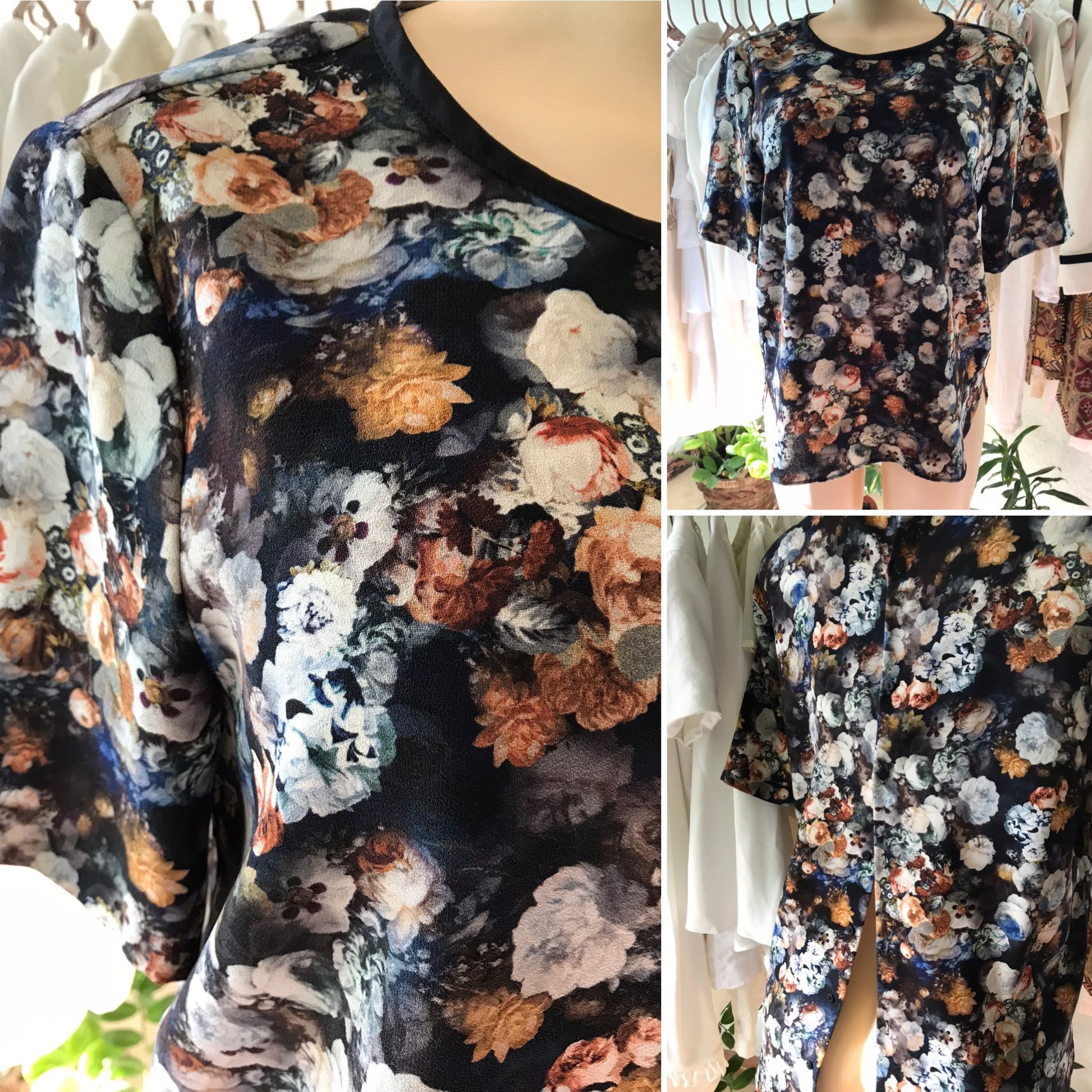 90s Zara Fine Art Floral Blouse Button Down Back