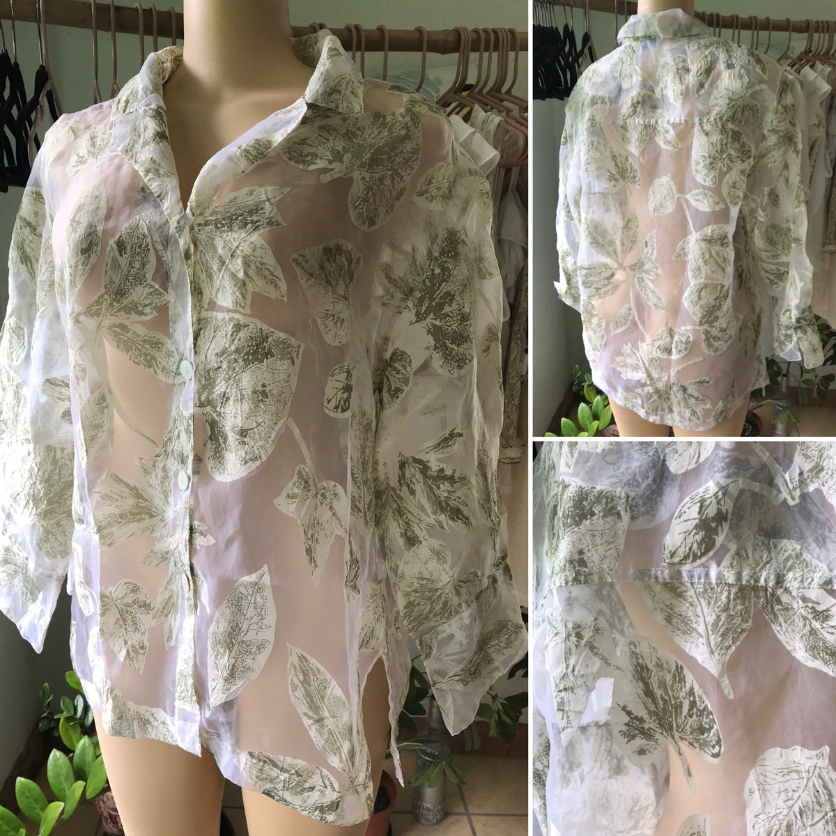 Vintage Sheer Leaf Pattern Blouse White PLUS
