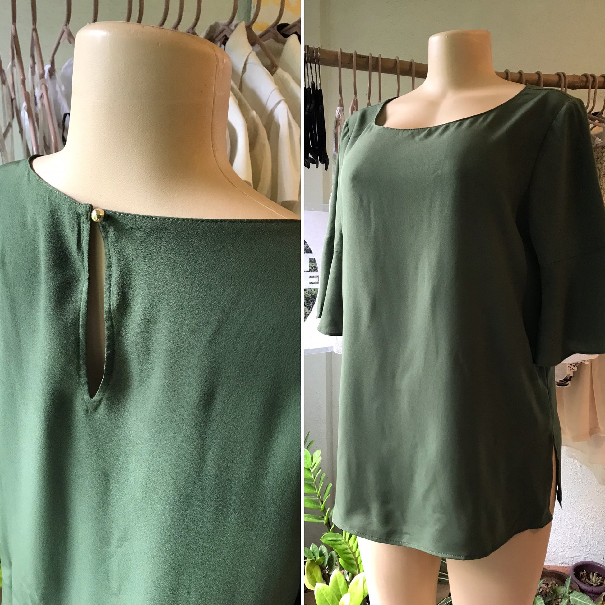 Ann Taylor Olive Green Bell Sleeve Sheer Blouse