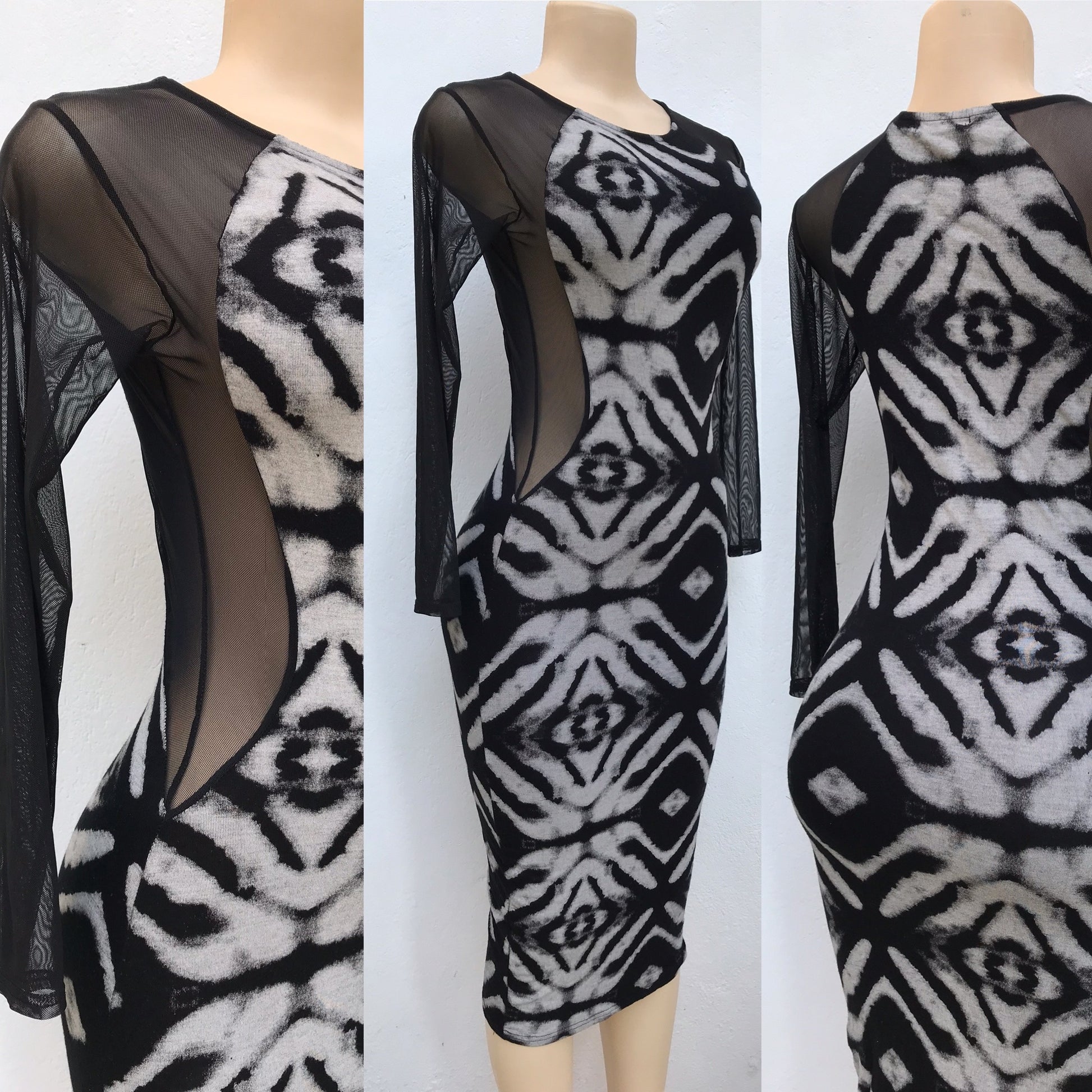 Mesh Reveal B&W Print Bodycon Dress