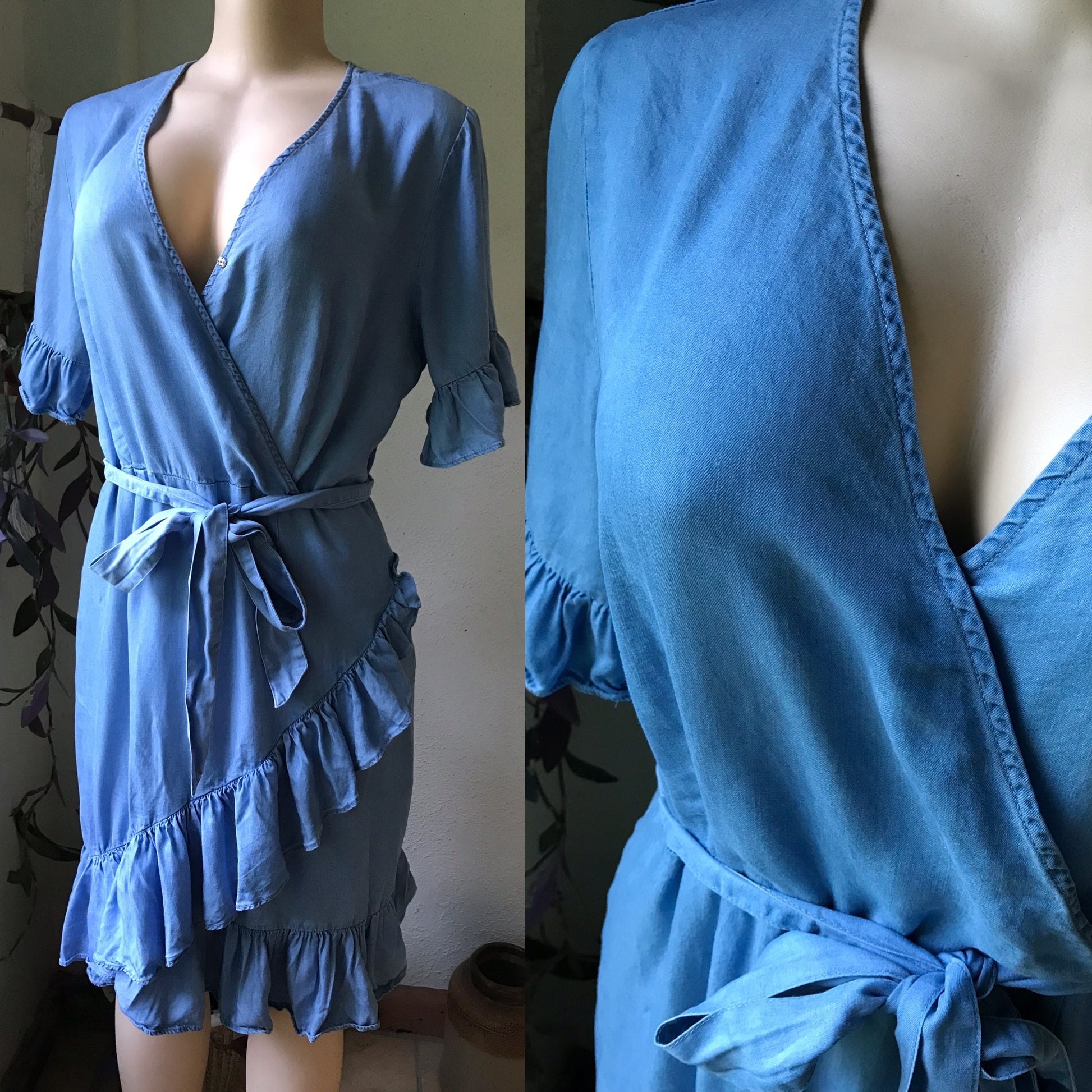 New Denim Dress Wrap Style Ruffle Dress