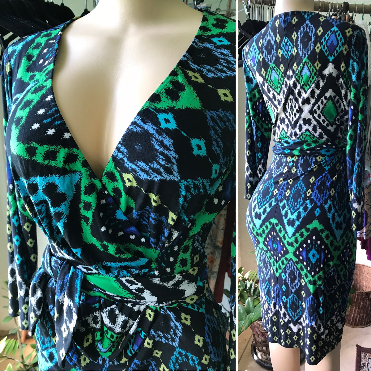 Nine West Blue Green Print Mid Sleeve Brunch Dress