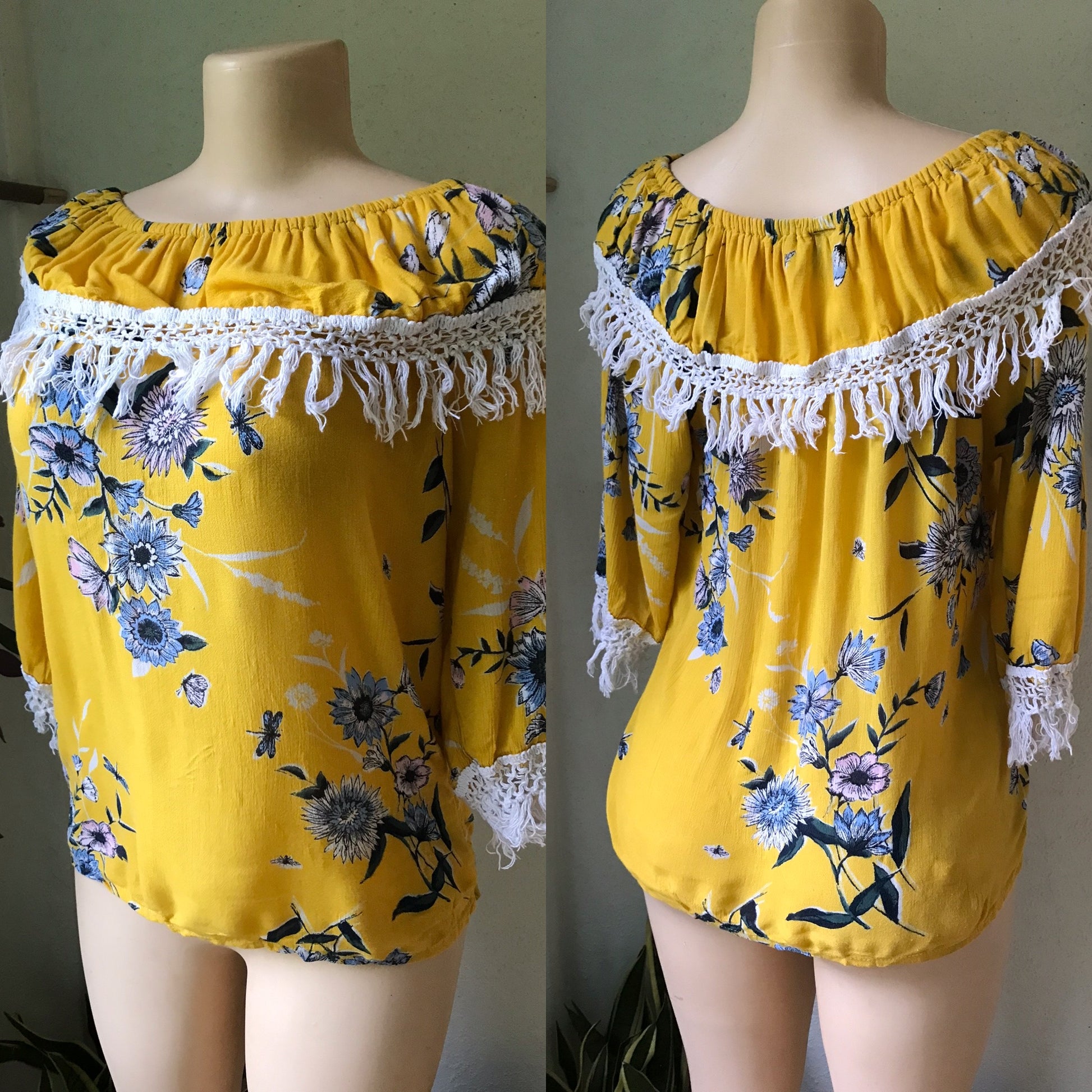 One Size Mustard Tassel Blouse Floral