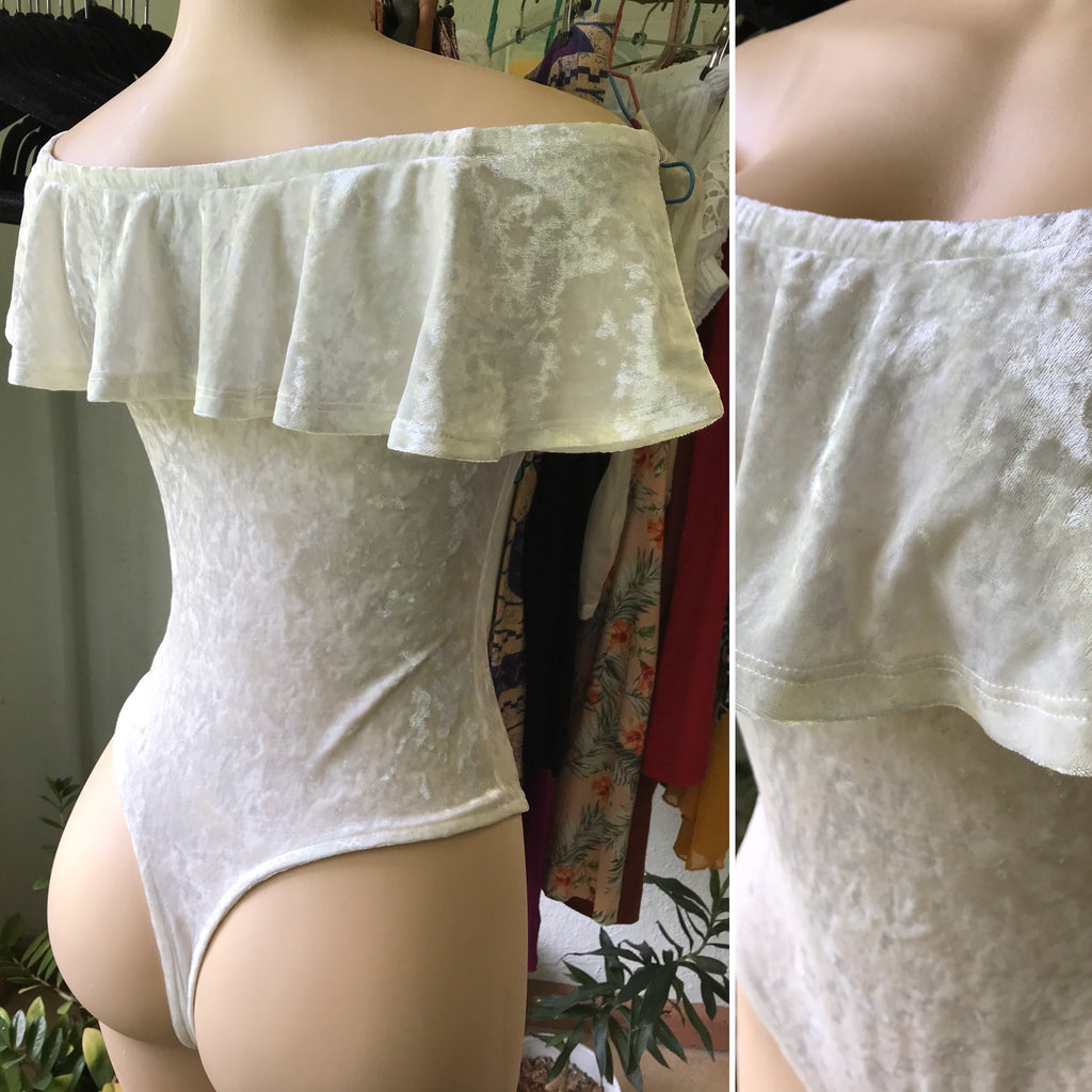 Eggshell Velvet Bodysuit Blouse Off The Shoulder Ruffle