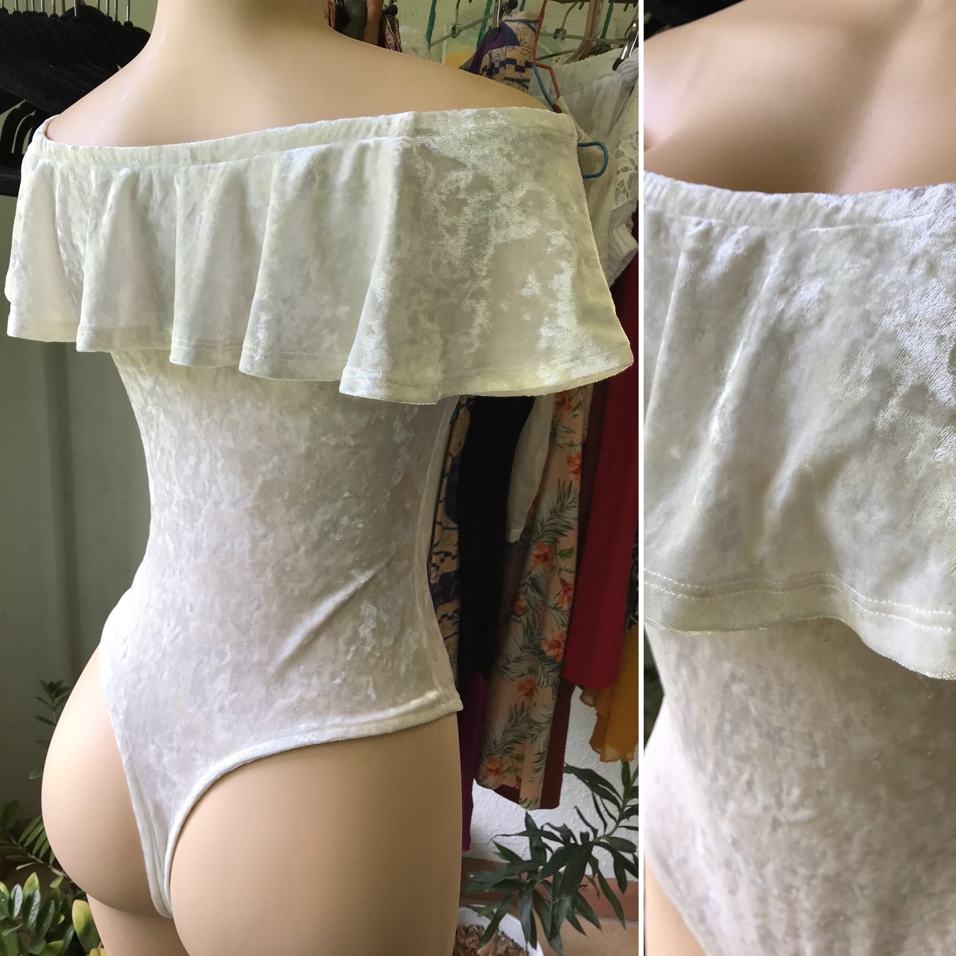 Eggshell Velvet Bodysuit Blouse Off The Shoulder Ruffle