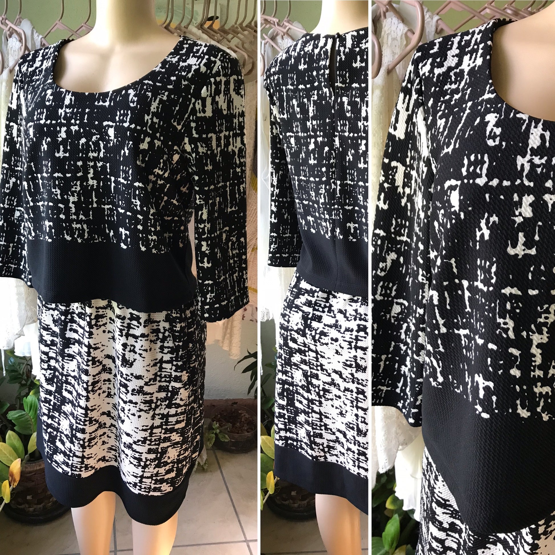 B&W Print Professional Two Piece Dress Pockets