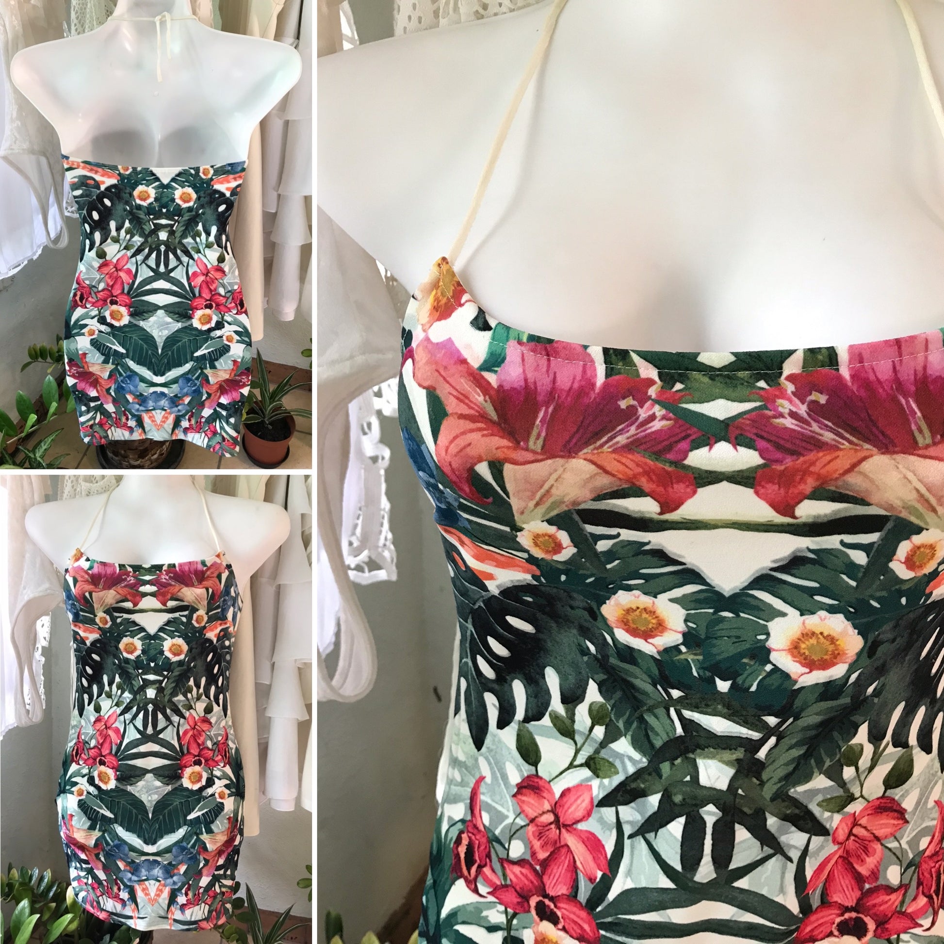 Fashion Nova Tropical Print Bodycon Halter Dress XS/S