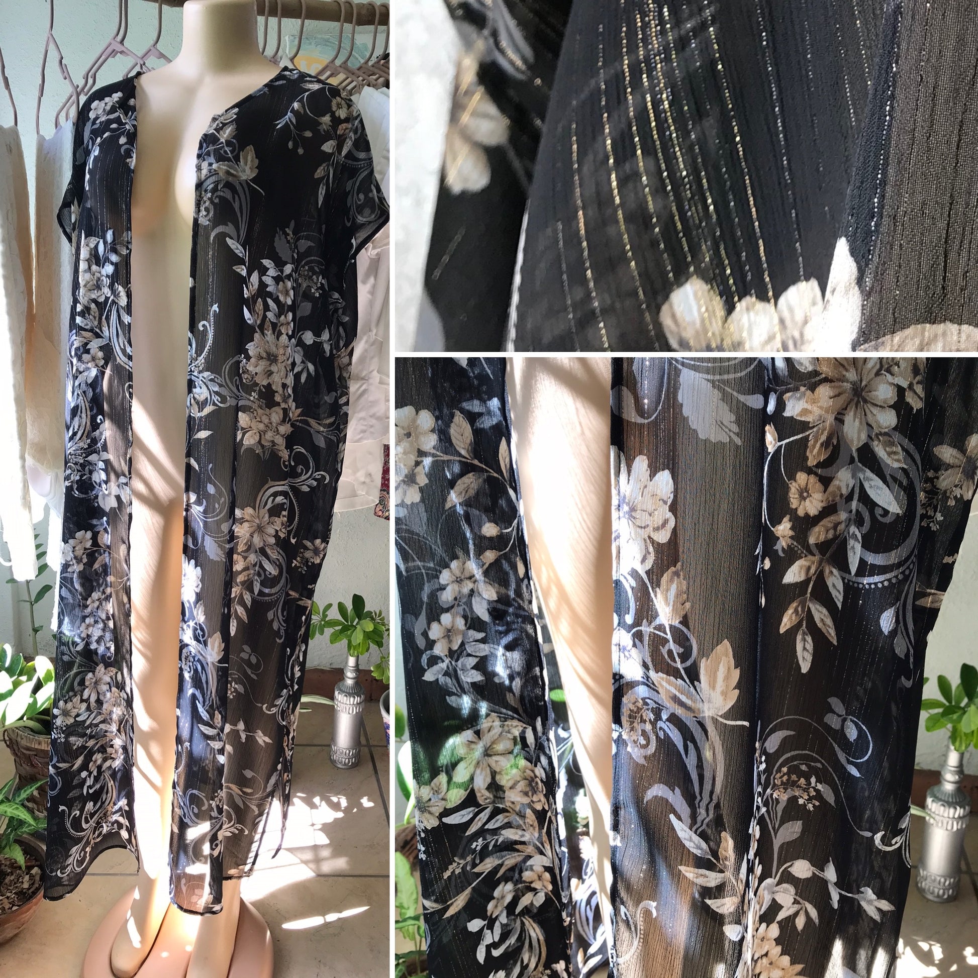 New Goldweave Goddess Kimono Duster Black Floral •••