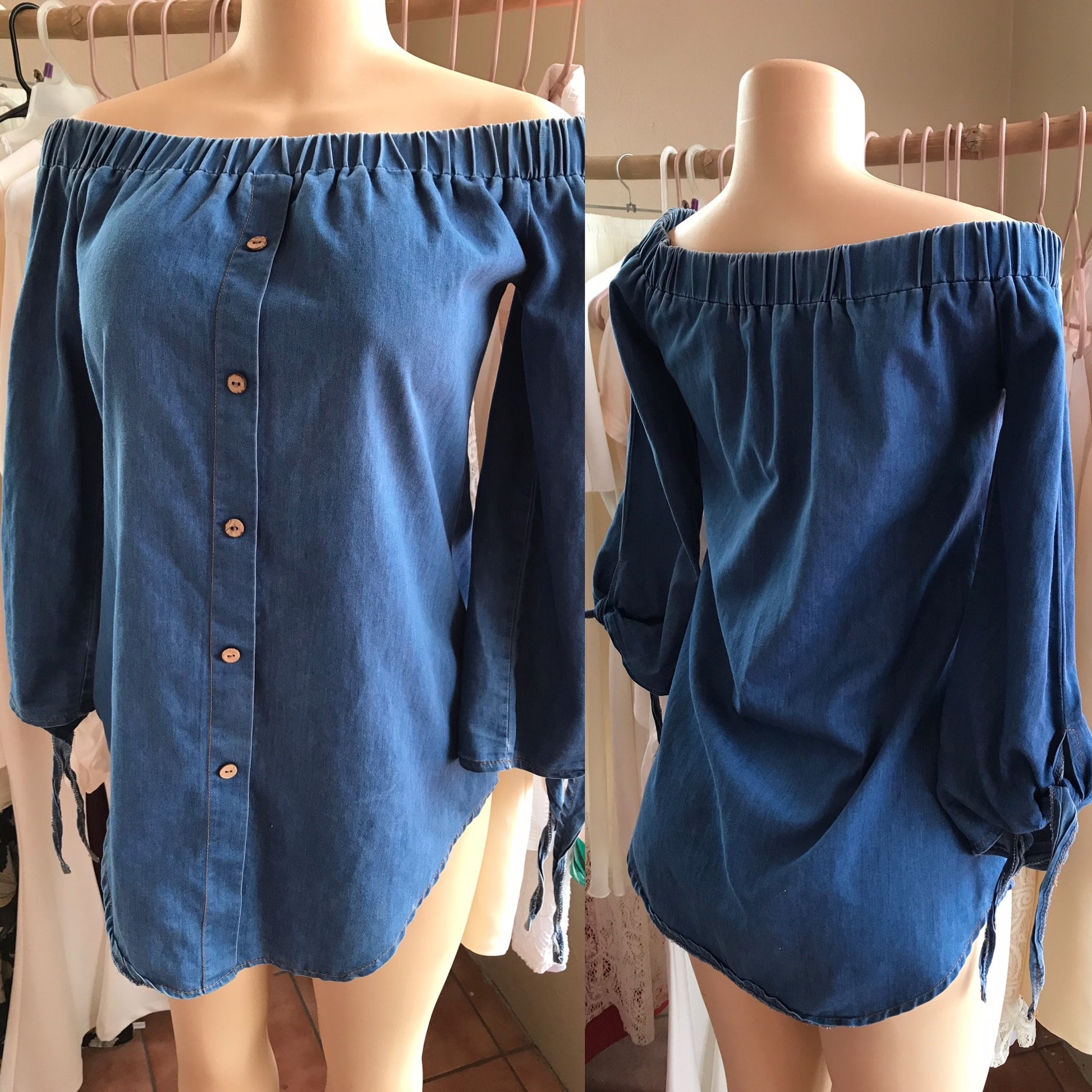 Coco Shell Denim Off the Shoulder Tie Sleeve Blouse - S