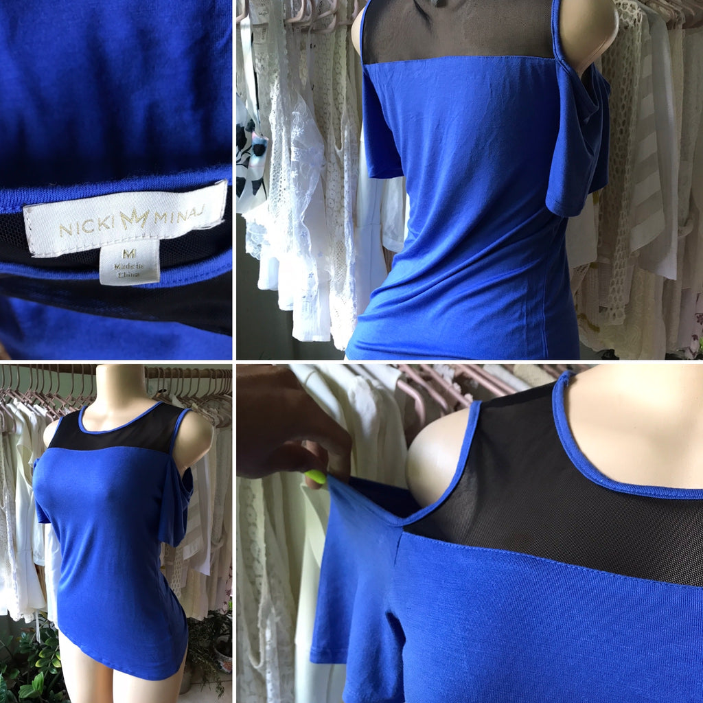 Nicki Minaj Blue Mesh Cold Shoulder Top