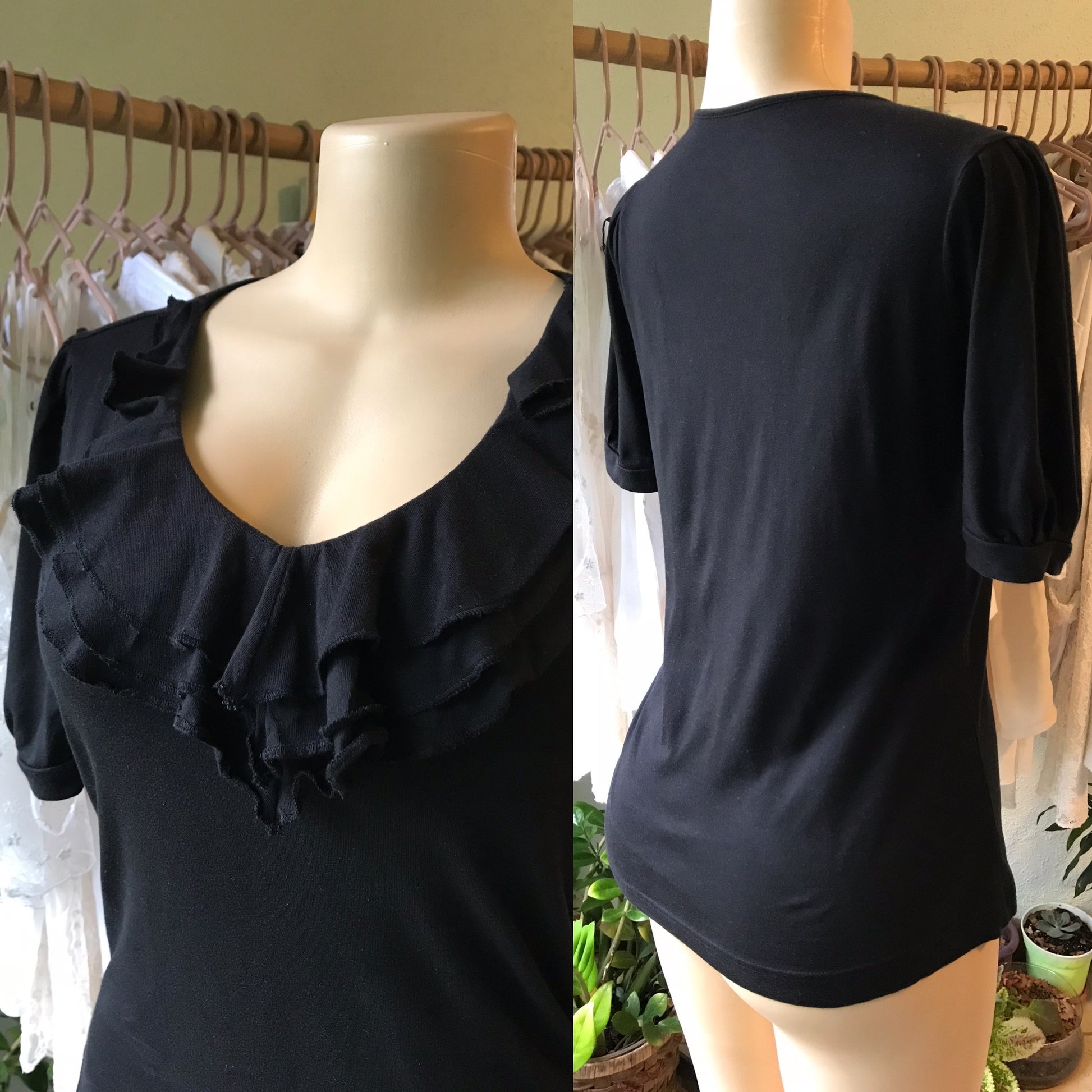Basic Black Ruffle Blouse Cotton Blend