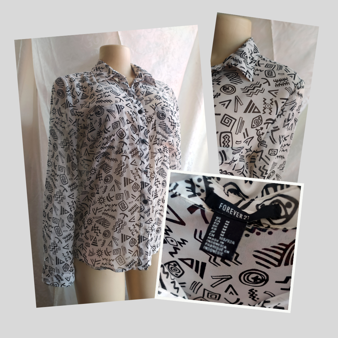 F21 White Doodle Button Down - M