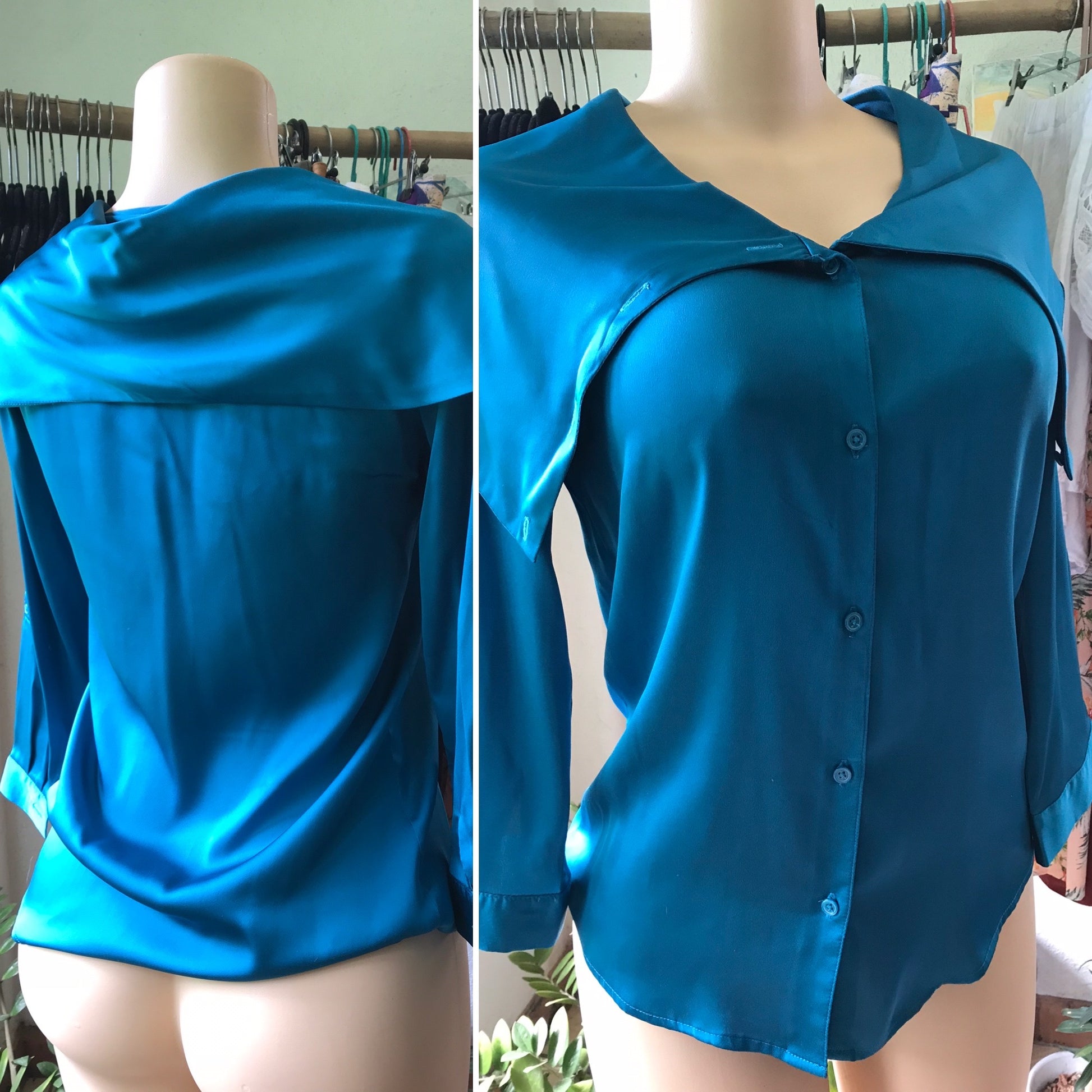 The Limited Teal Cape Collar Button Down Silky Blouse