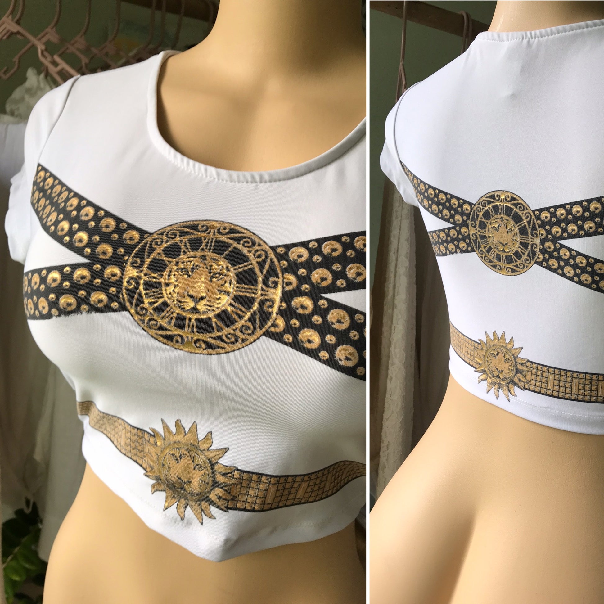 Regal Sun Lion Gold Band Crop Top White