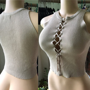 Fashion Nova Sand Ribbed Lace Up Crop Top