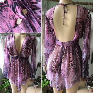 Jae Jolly JA Purple Cheetah Backless Sheer Blouse/Dress •••