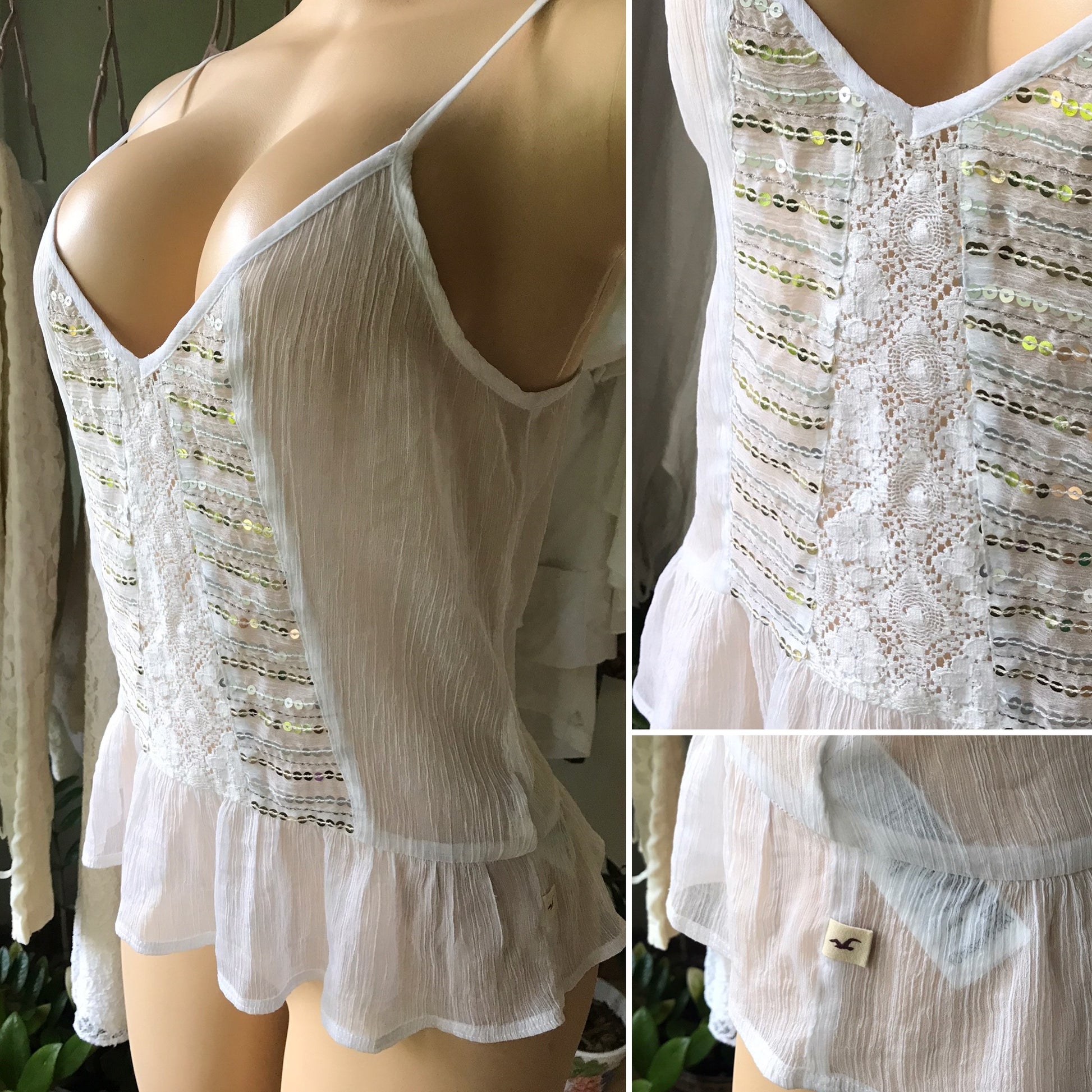 Hollister Silver Sequin Light Spaghetti Blouse