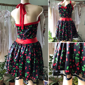 Vintage Cherry Pattern Flare Halter Dress