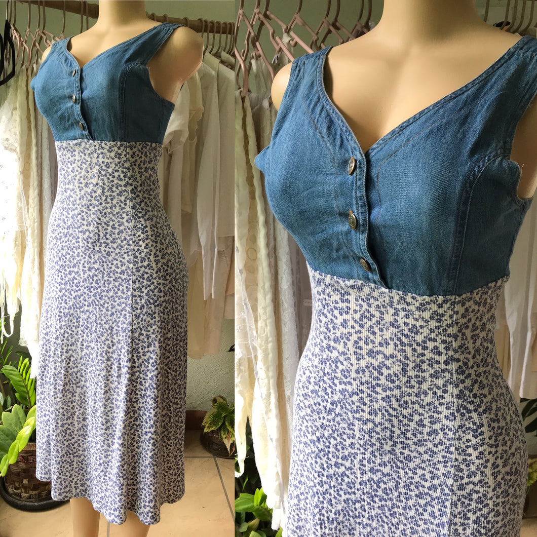 Vintage Denim Fine Floral Midi Dress