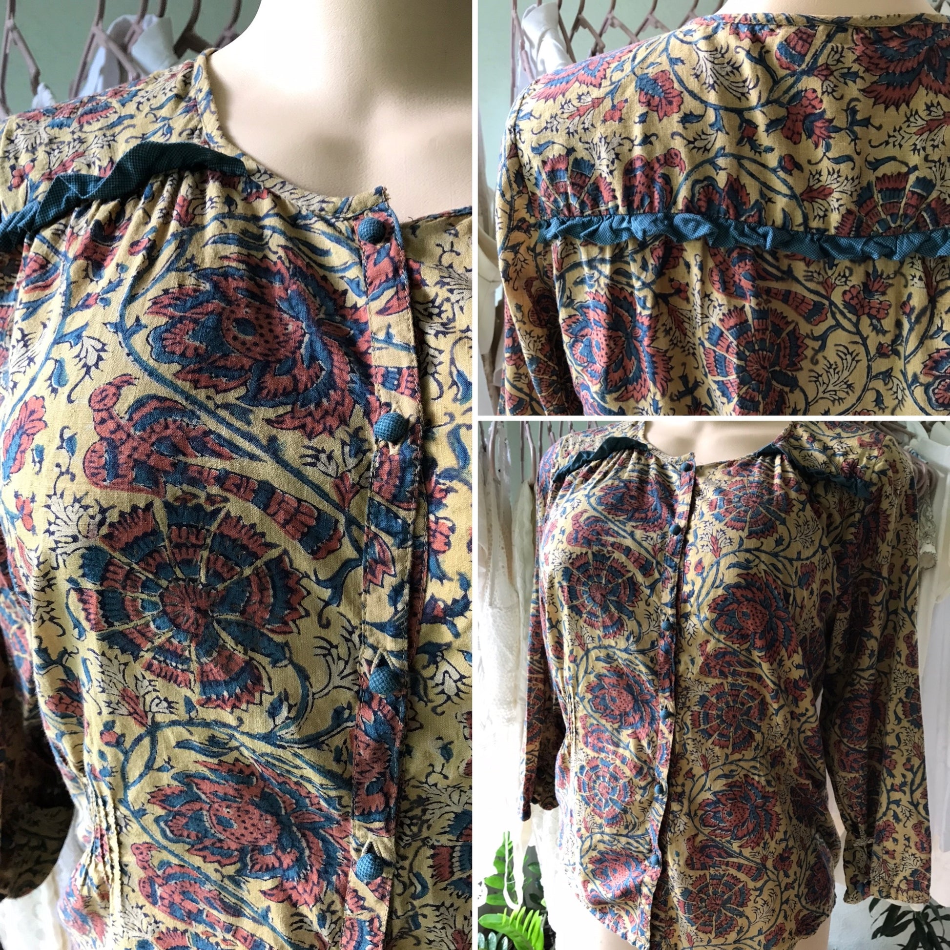 Vintage Earth Toned Floral Blouse 100% Cotton