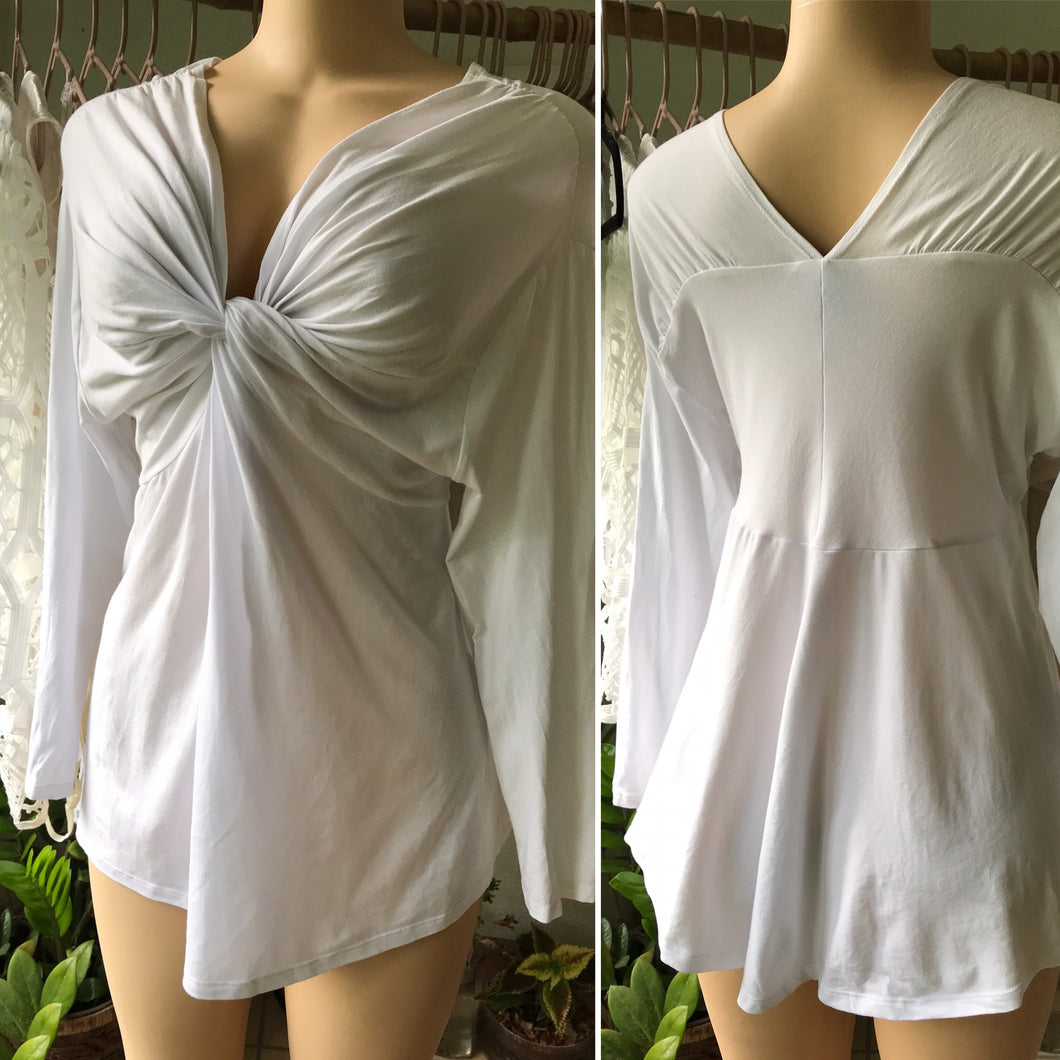 PLUS White Knotted Cotton Long Sleeve Blouse