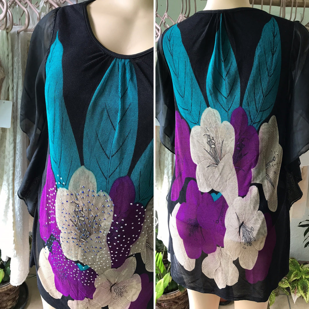 Retro Large Flower Oversized Blouse Sheer Sleeve