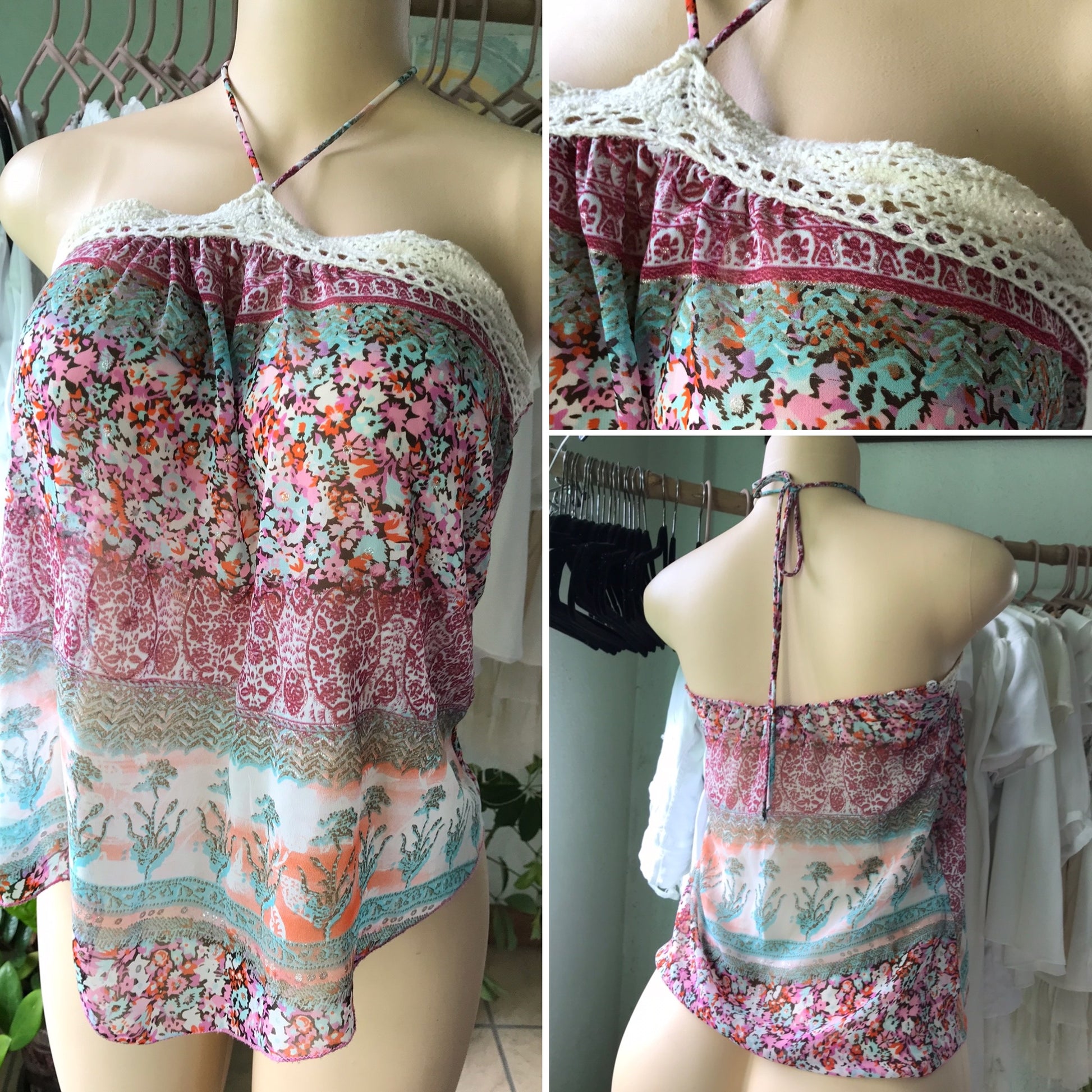 Sheer Pattern Crochet Detail Halter Top