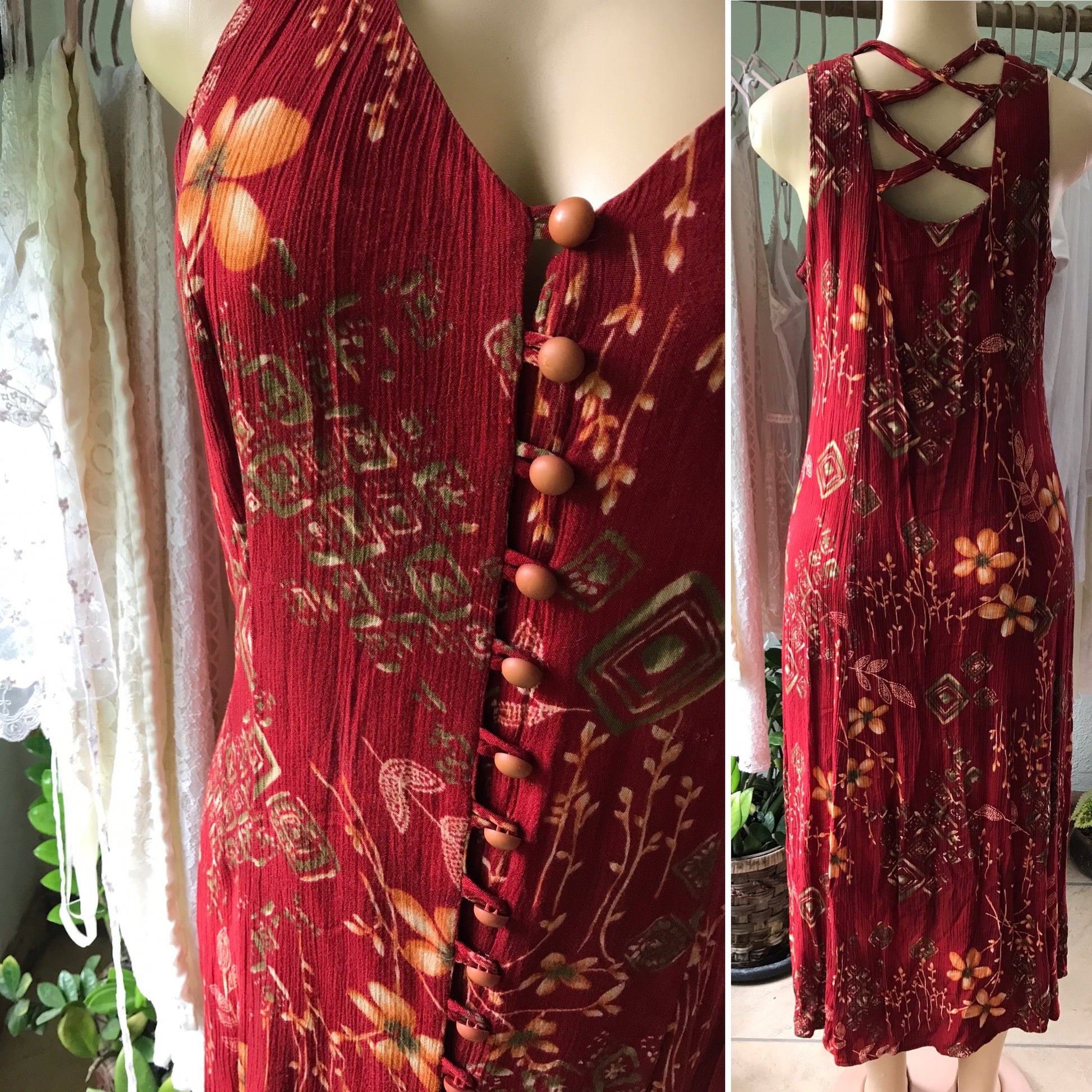 70s Maroon Vintage Sun Dress Floral Button Down