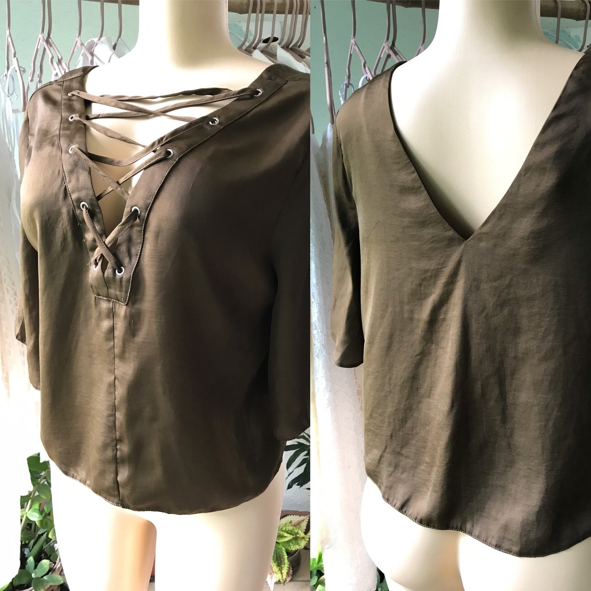 Chocolate Silky Blouse Lace Back Reversible