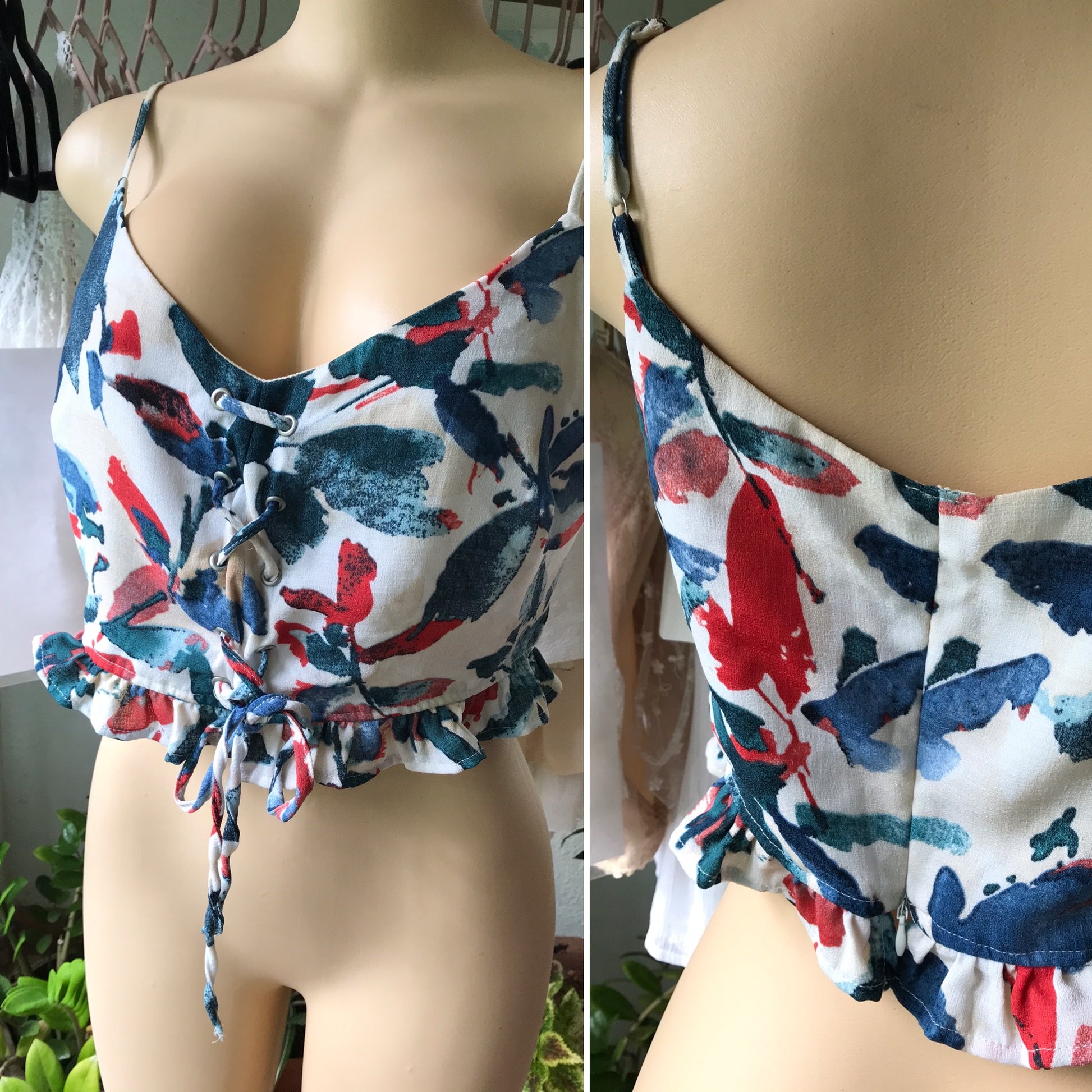 Leaf Crop Frill Detail Spaghetti Strap - L
