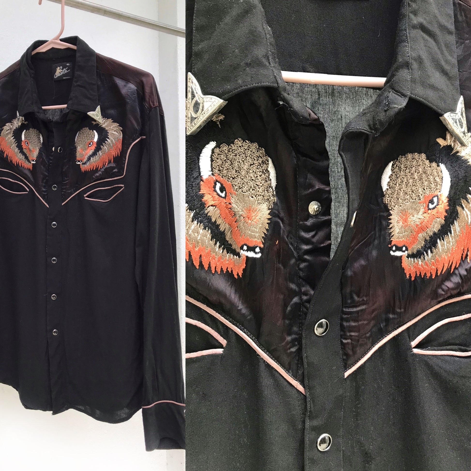 Vintage Men's Black Silk Cowbow Shirt Steel Tip Collar