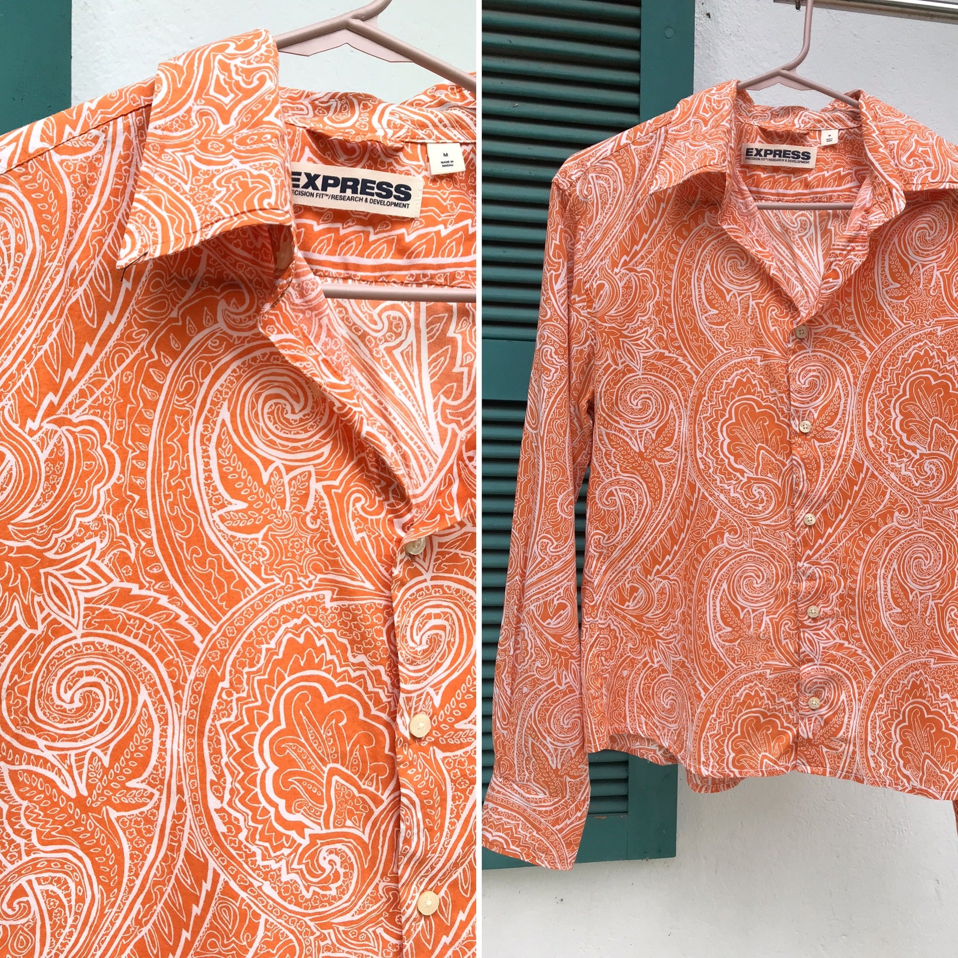 Orange White Paisley Button Light Shirt Men's