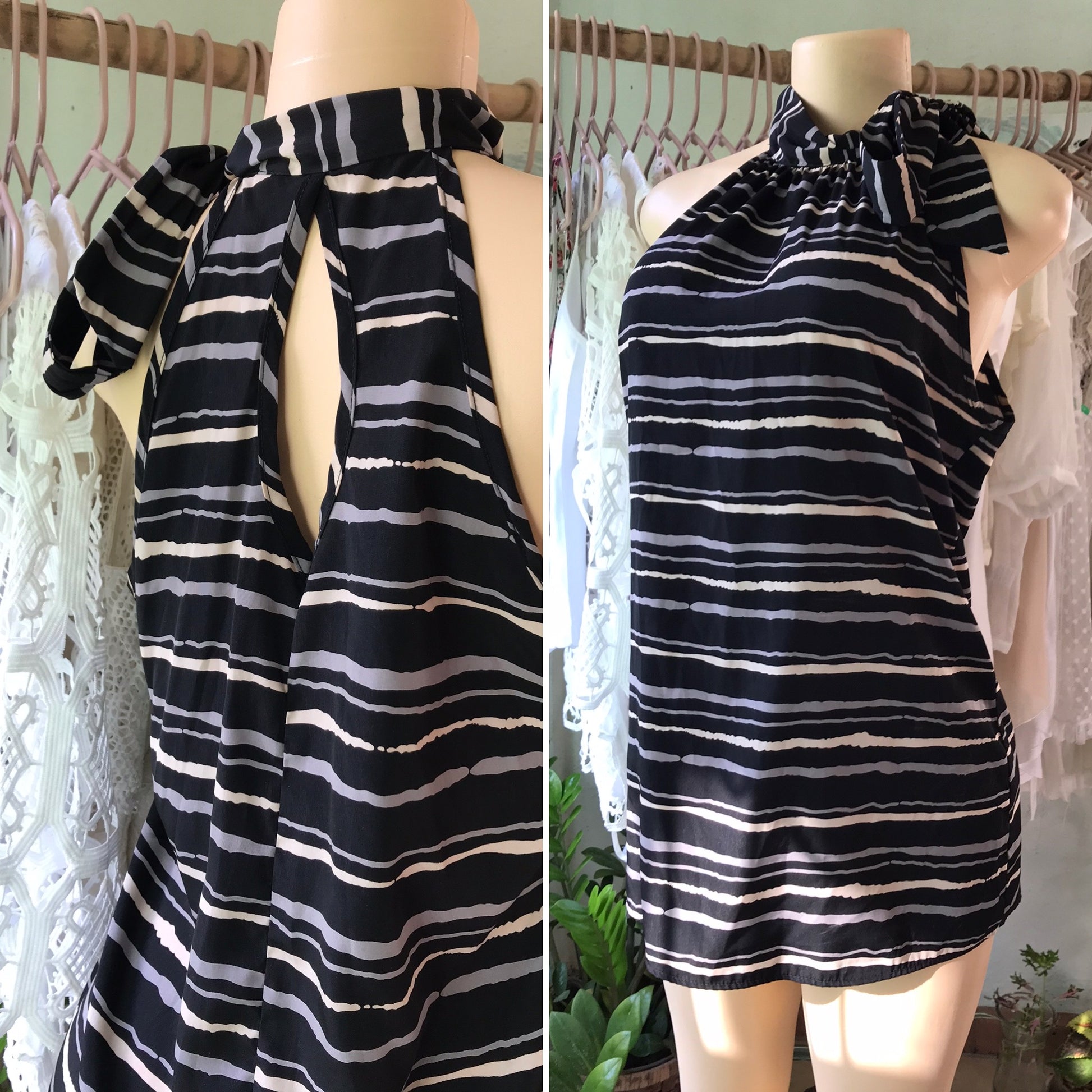 B&W Stripe Halter Top Tied