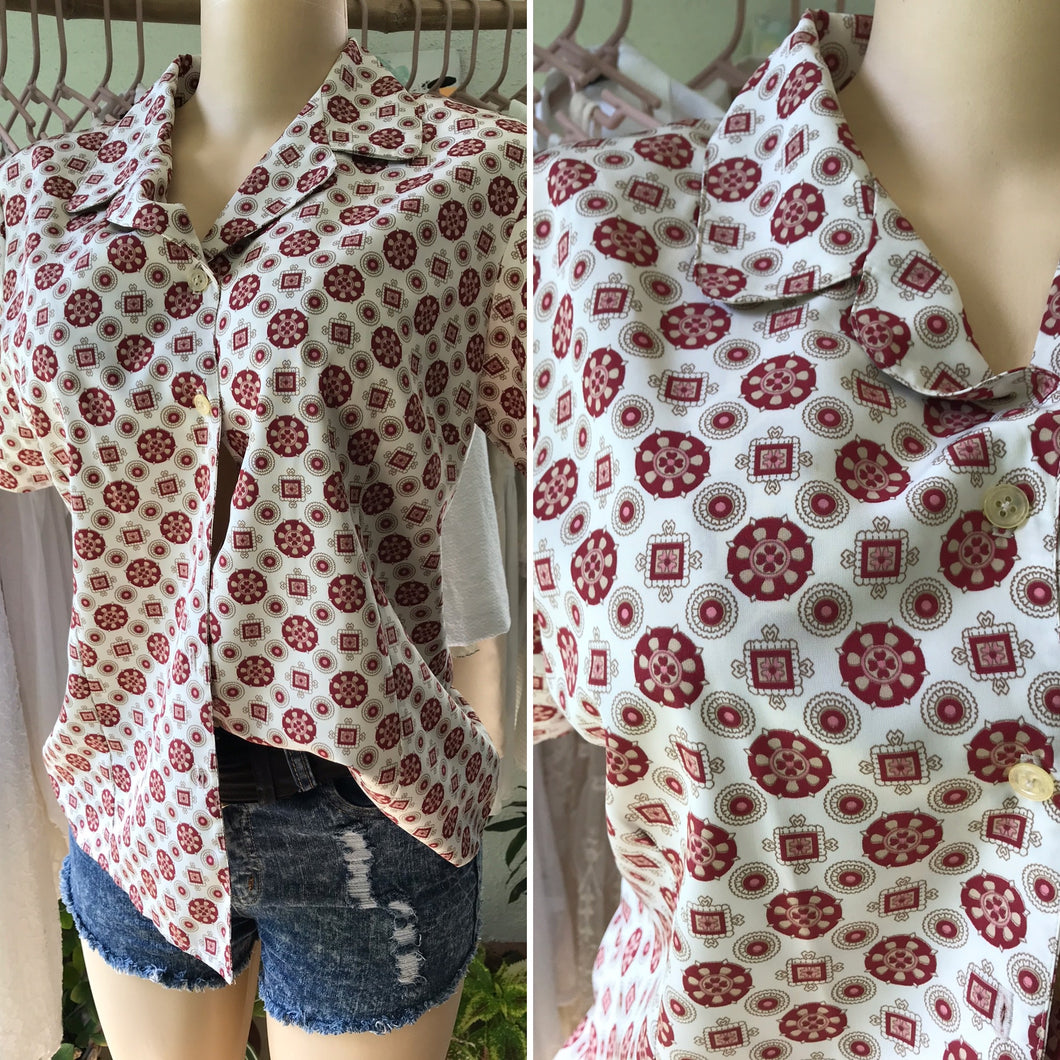 Vintage Red White Print Button Blouse