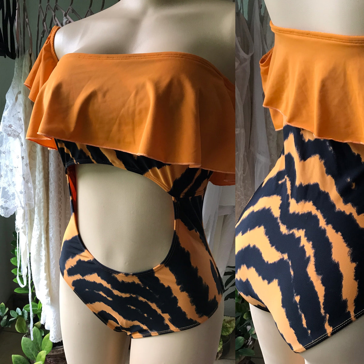 Orange Zebra Cold Shoulder Fashion One Piece Swim Suit
