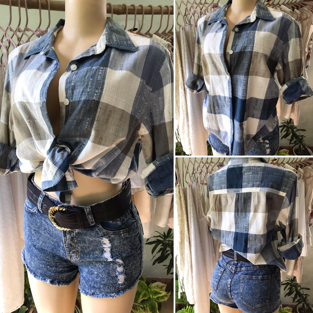 Retro 100% Cotton Plaid Button Blouse