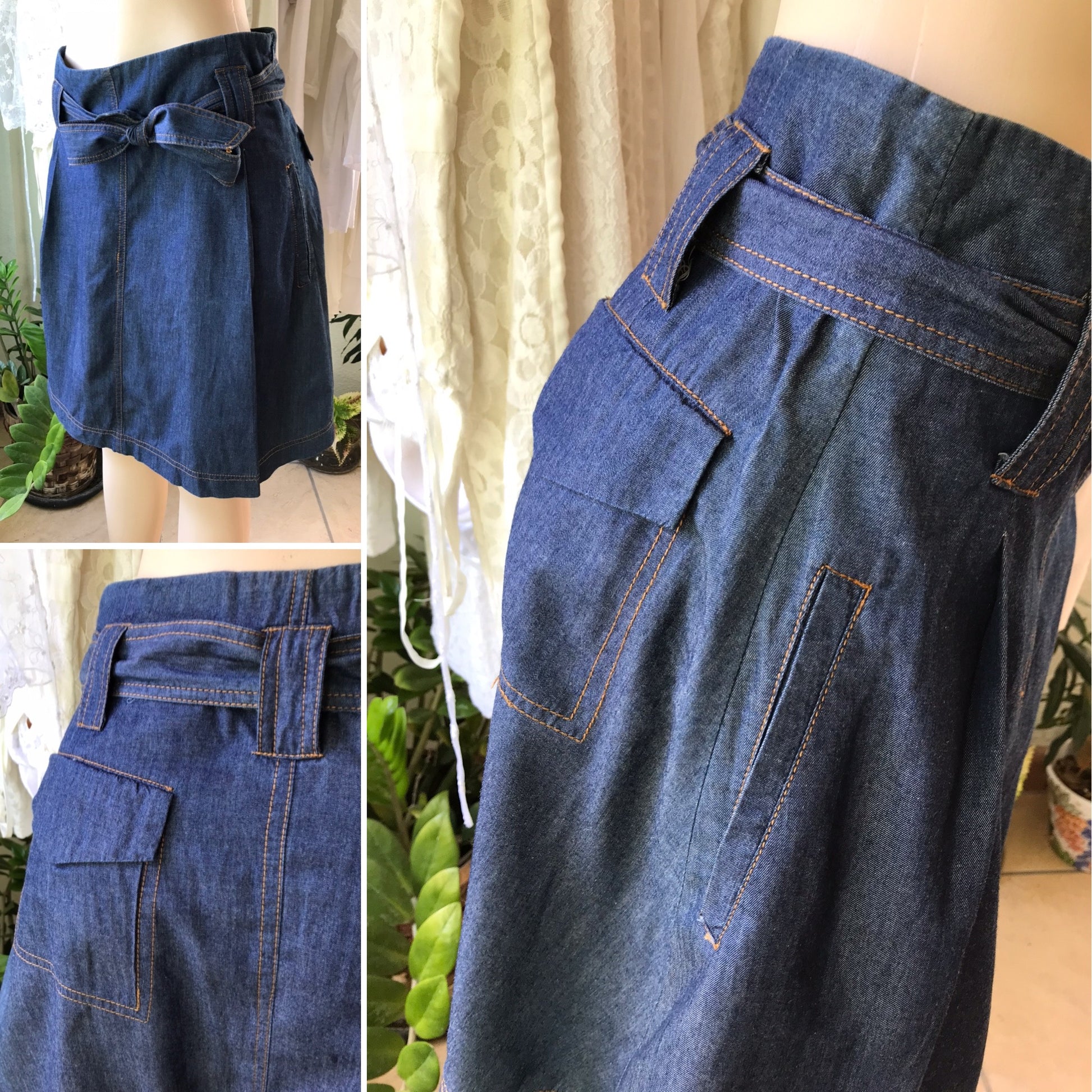 Light Denim Flare Skirt Tied Flap Pockets