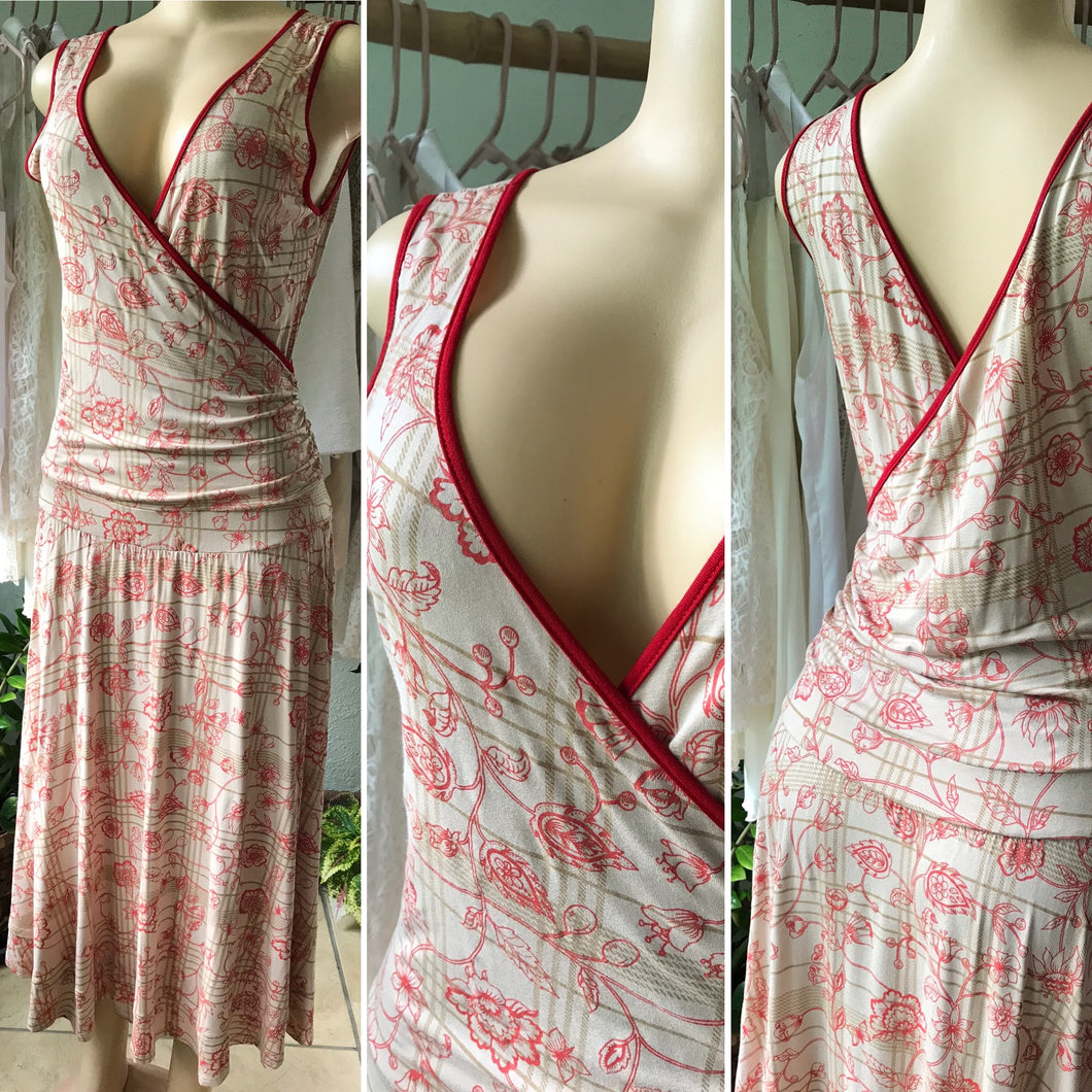 Vintage Stretchy Garden Midi Dress Sand Red