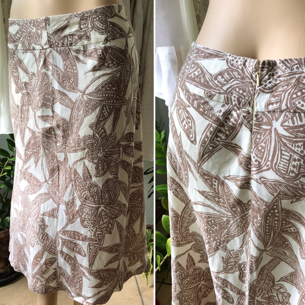 Vintage 100% Linen Leaf Brown Midi Skirt