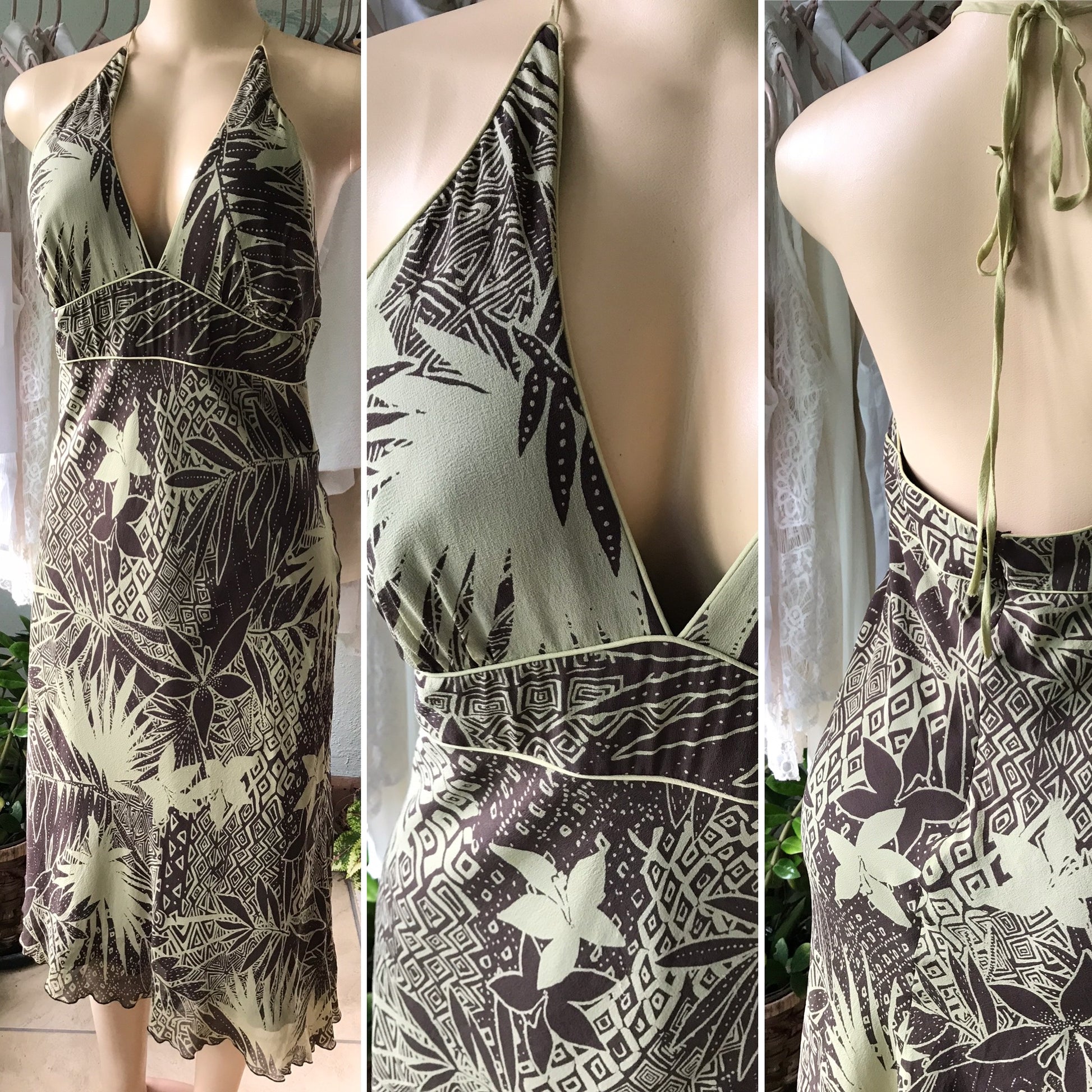90s 100% Silk Brown Garden Print Halter Dress