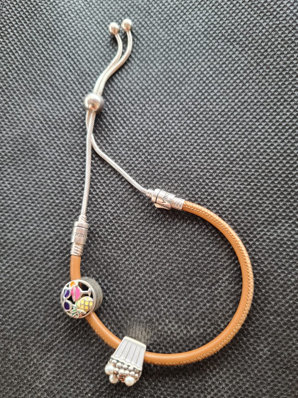 NEW Pandora Leather & Sterling Silver Charm Bracelet