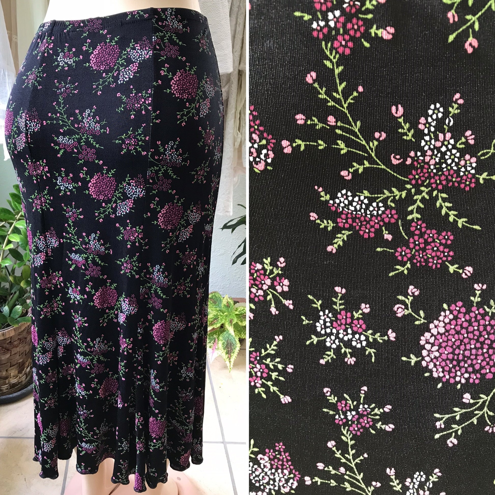 Vintage Black Floral Midi Skirt