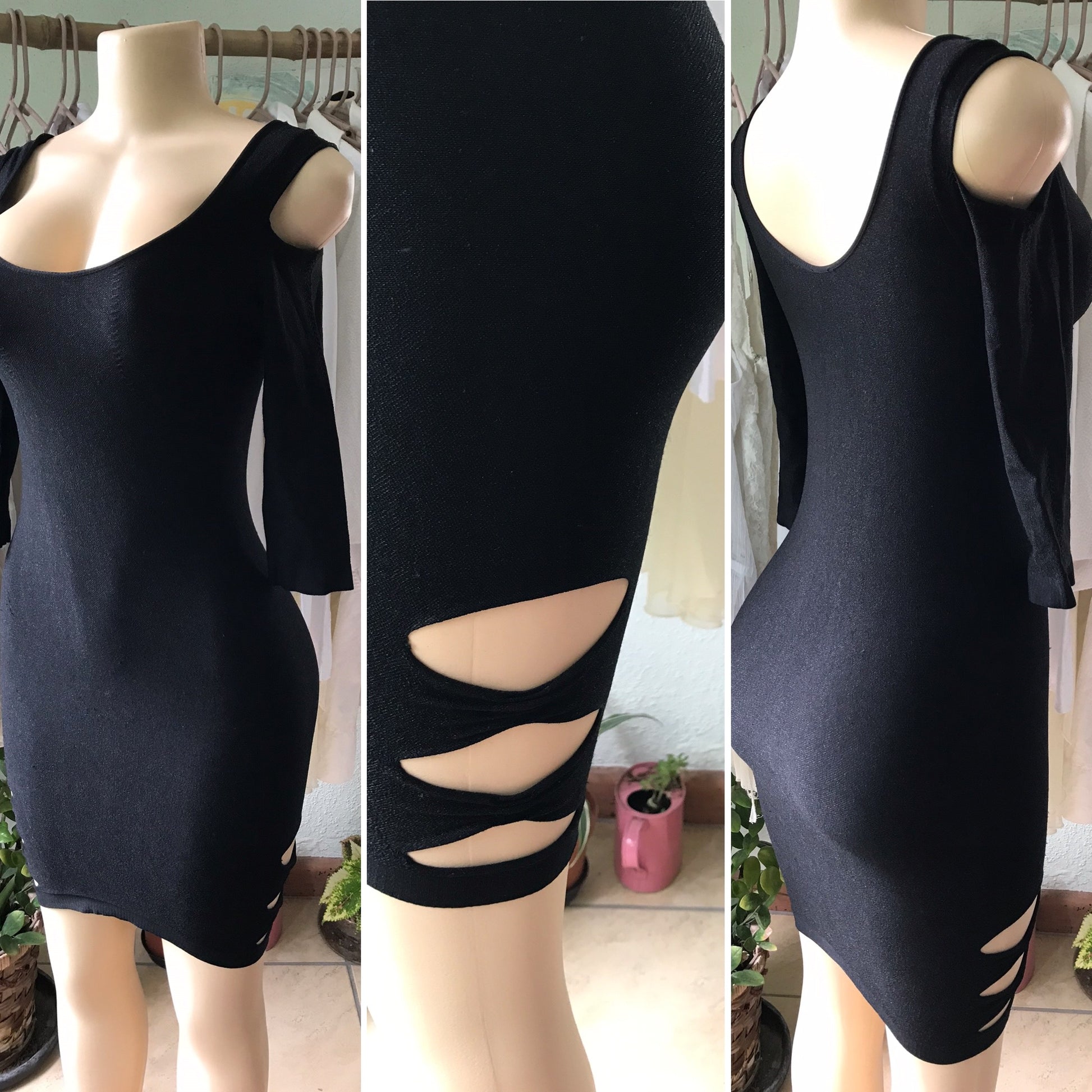 Black Cold Shoulder Extra Stretch Dress Slits