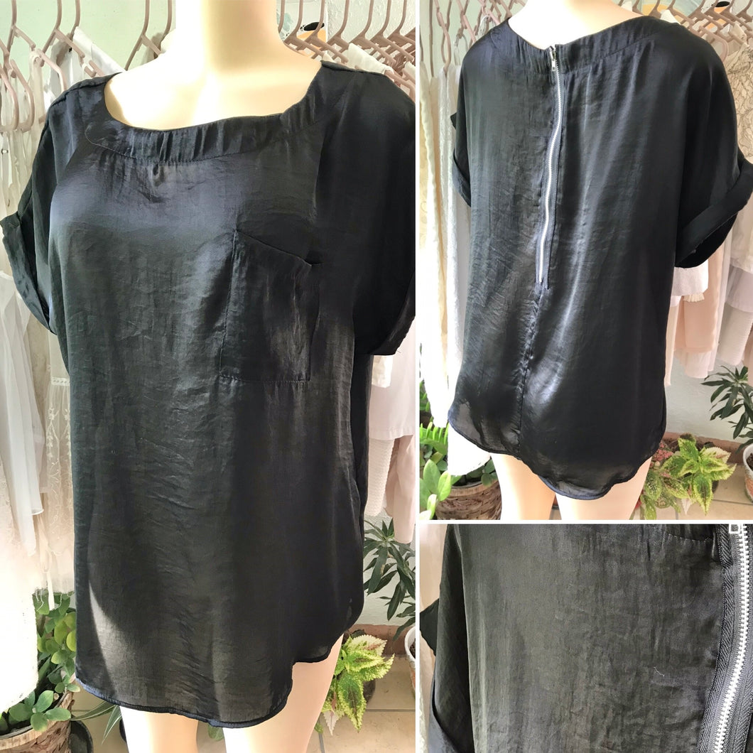 Retro Silky Black Cuffed Blouse Pocket PLUS