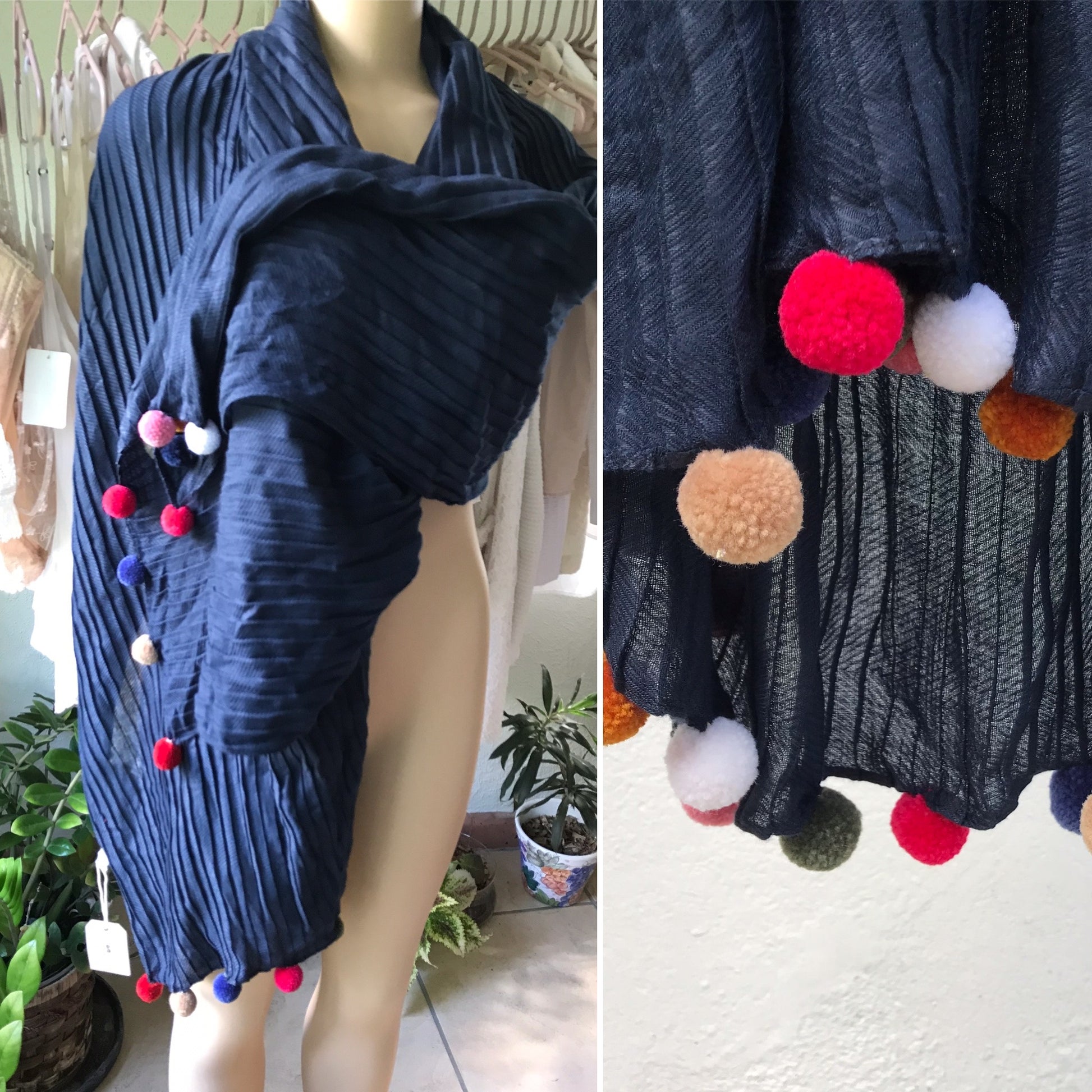 NEW Tag Navy Pleat Shawl Pom Pom Simonetta UK