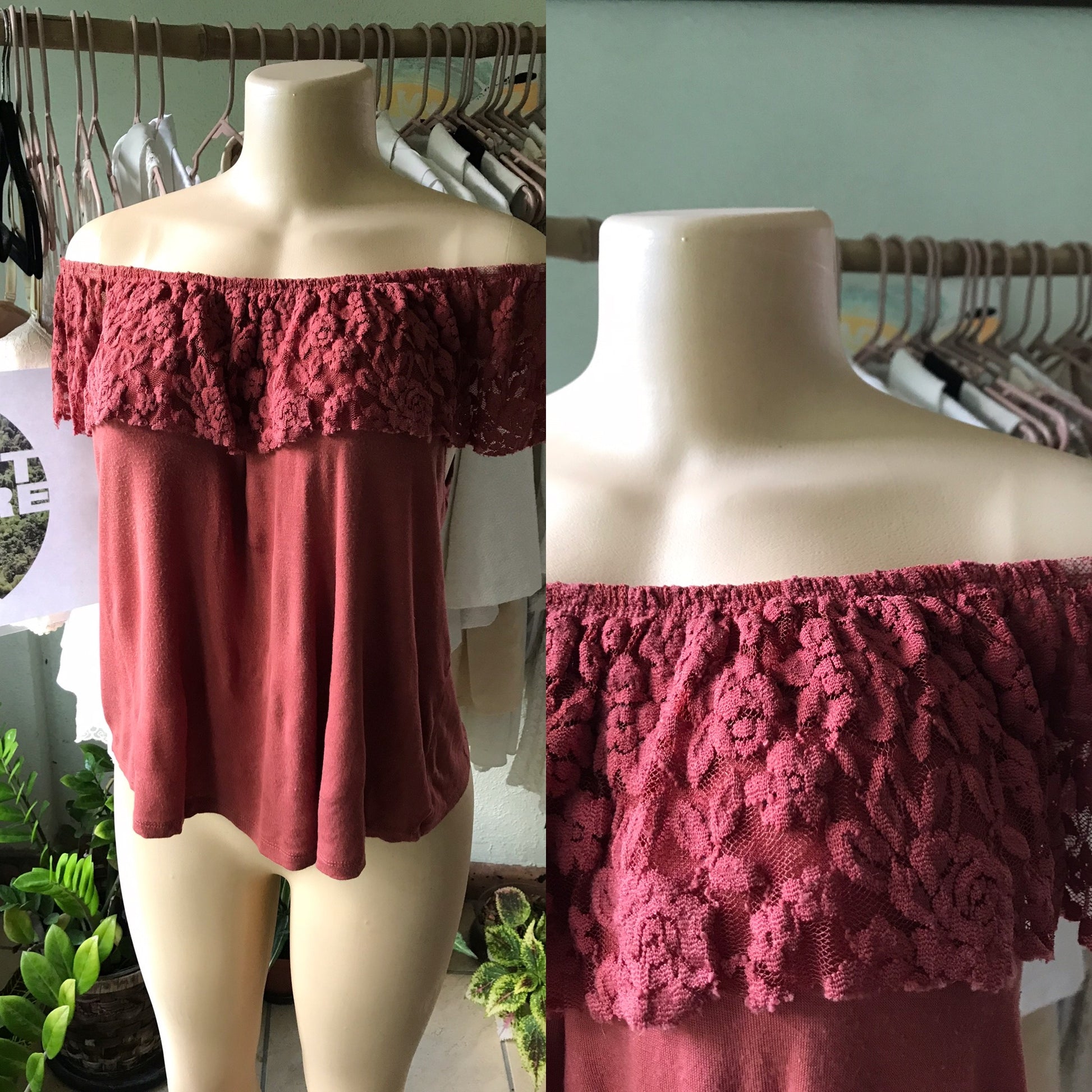 Basic Rust Lace Off Shoulder Top