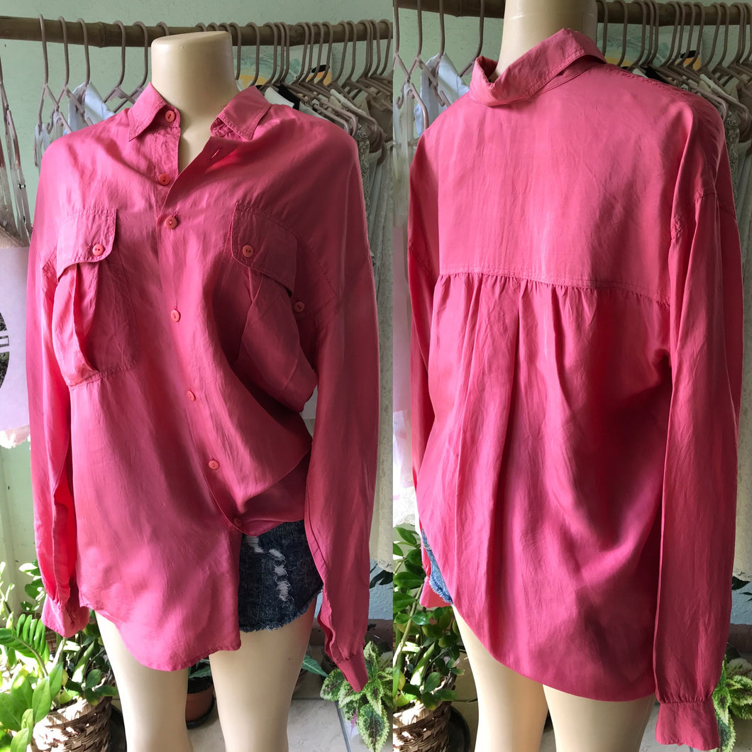 80s Vintage Coral 100% Silk Button Up Shirt Men's